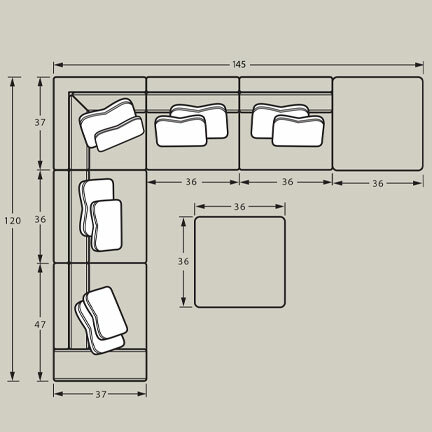 Layout J: Six Piece Sectional (Ottoman Available) 120" x 145"