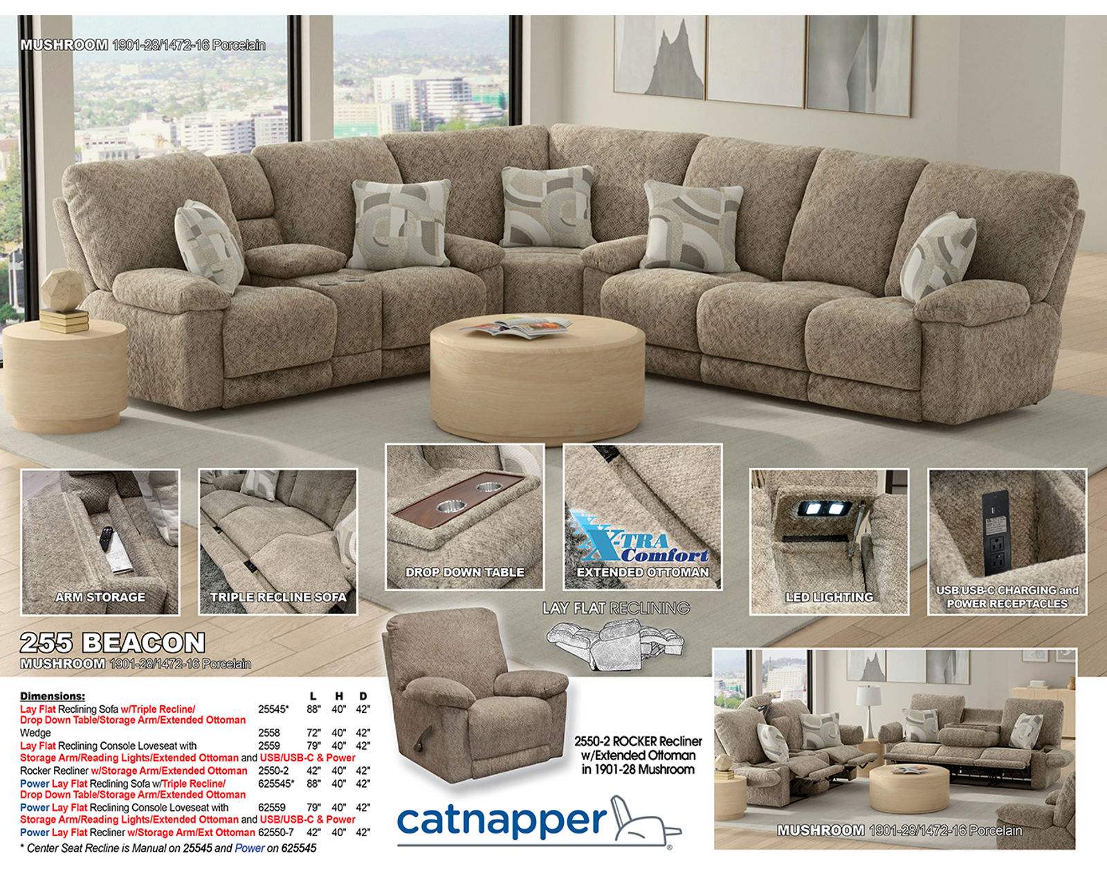 Beacon 88" Lay Flat Triple Reclining Sofa with Center Drop Down Table and Arm Storage - Luxury Comfort. Everyday Value.