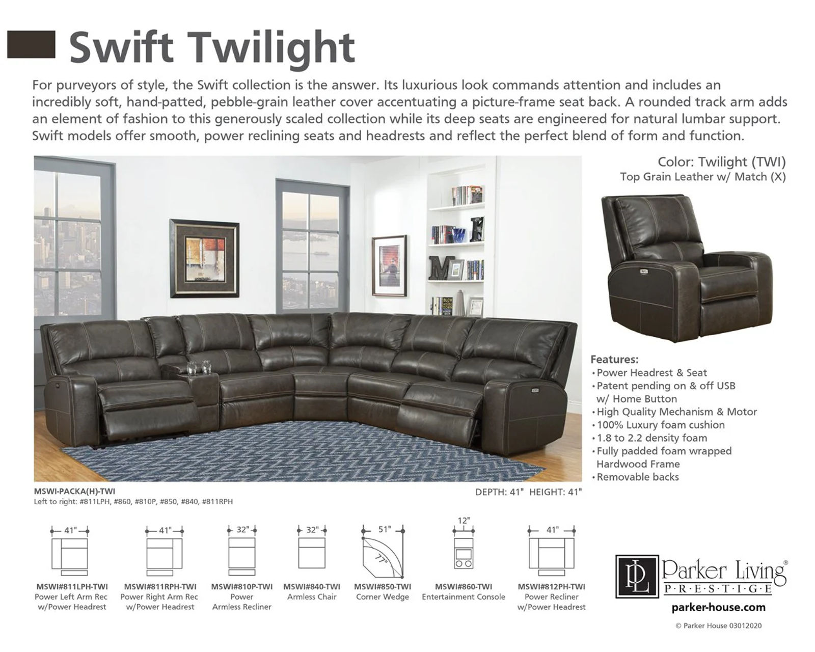 Swift Power Headrest Power Reclining Sectional Twilight Leather  (In stock - Fast shipping)