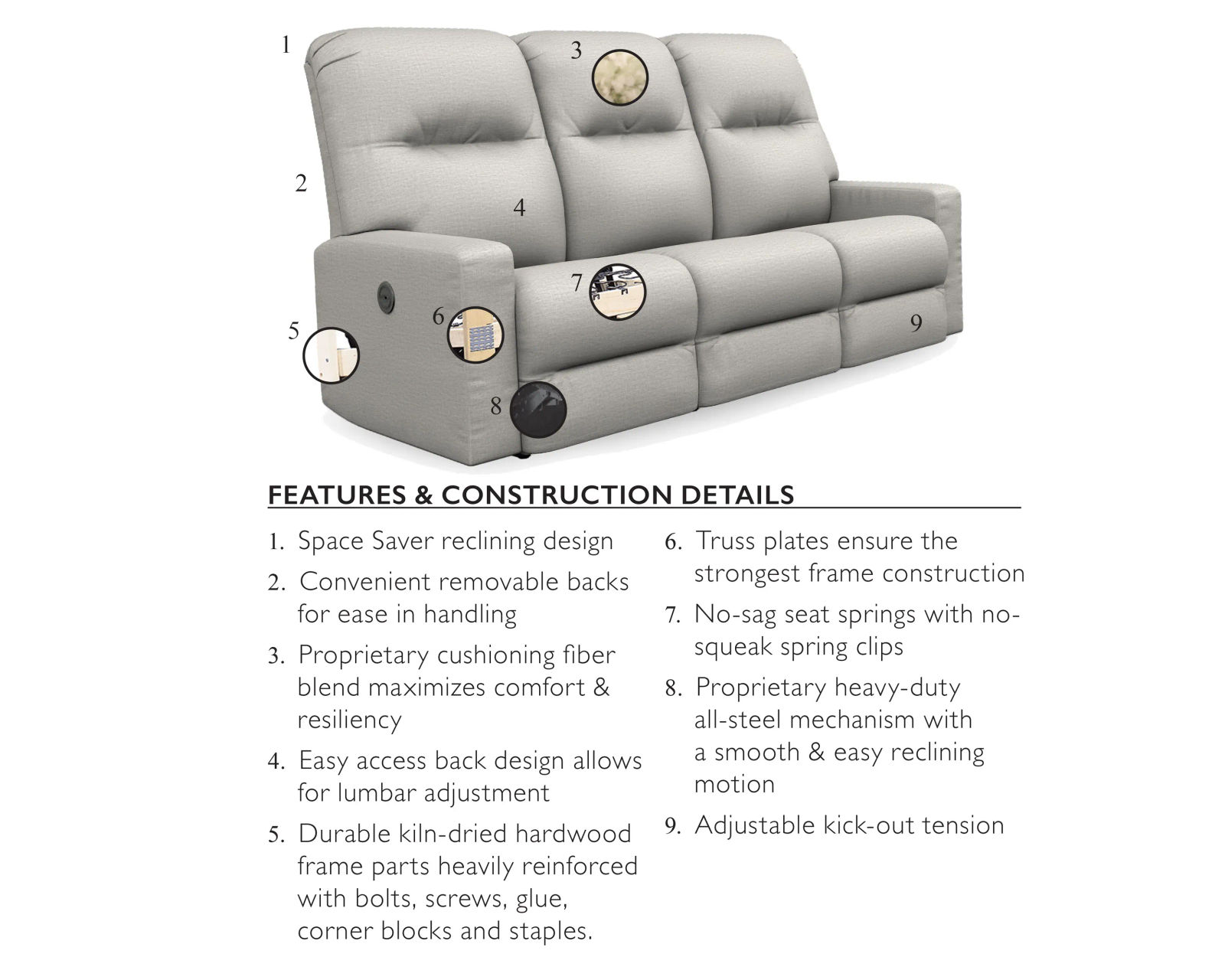 Suitably 88" Double Reclining Leather Sofa (+46 leathers) - Top Quality Features from the Inside Out