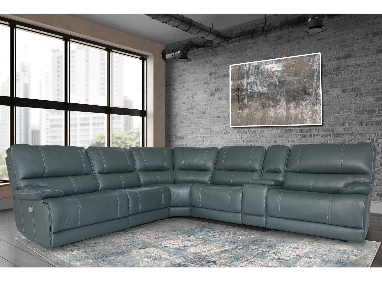 Shelby  Power Headrest Power Reclining Sectional in Cabrera Azure (Faux Leather) - Sectional Layout C: Shelby 6 Piece Power Headrest Power Reclining Sectional (Cabrera Azure)