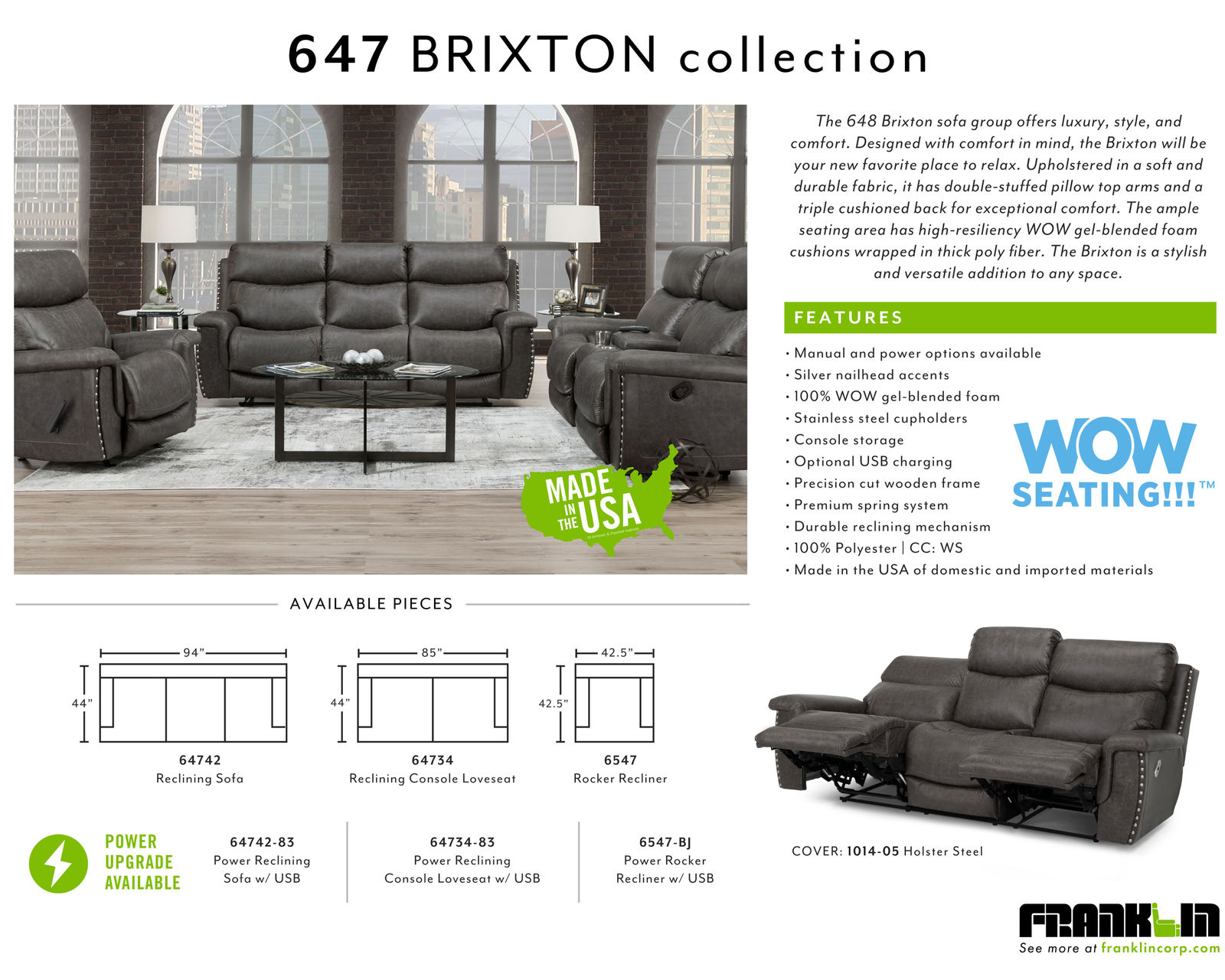 Brixton 647 Reclining Sofa (94") Steel Faux Leather Like Fabric