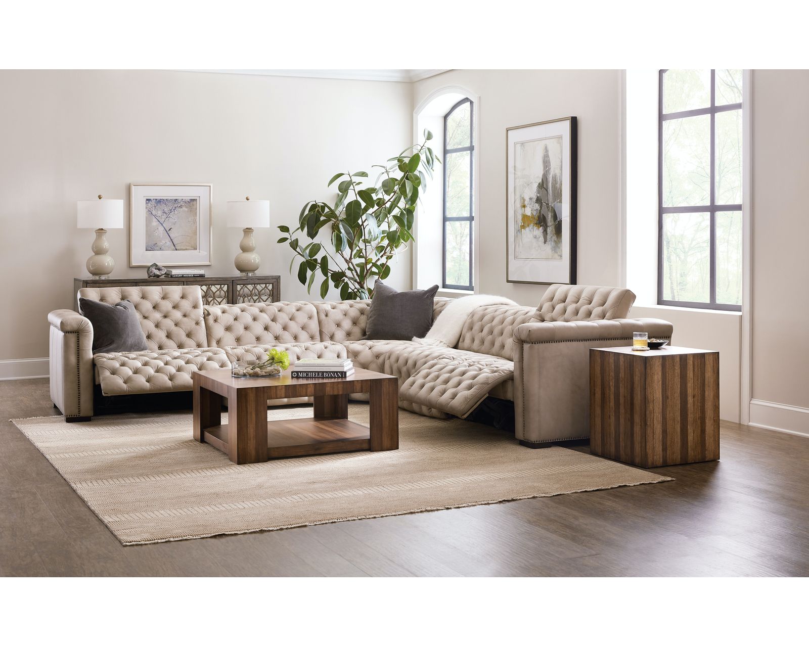 Savion Grandier Five Piece Leather Sectional with 2 Power Headrest Power Recliners (Taupe) - Savion Grandier Six Piece Leather Sectional with 3 Power Headrest Power Recliners (Taupe)