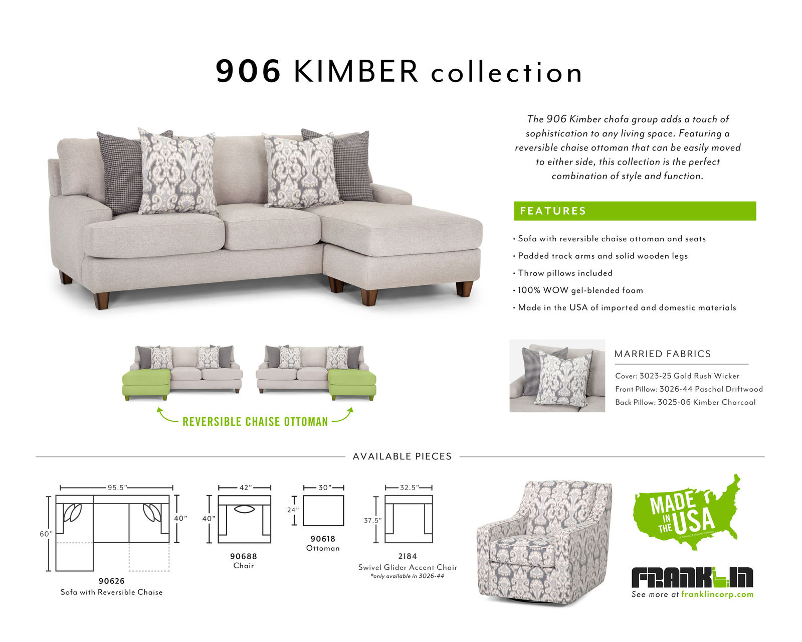 Kimber 95" Sofa with Reversible Chaise Ottoman (Includes pillows) - Available left or right side (Simple move the chaise pad and ottoman)