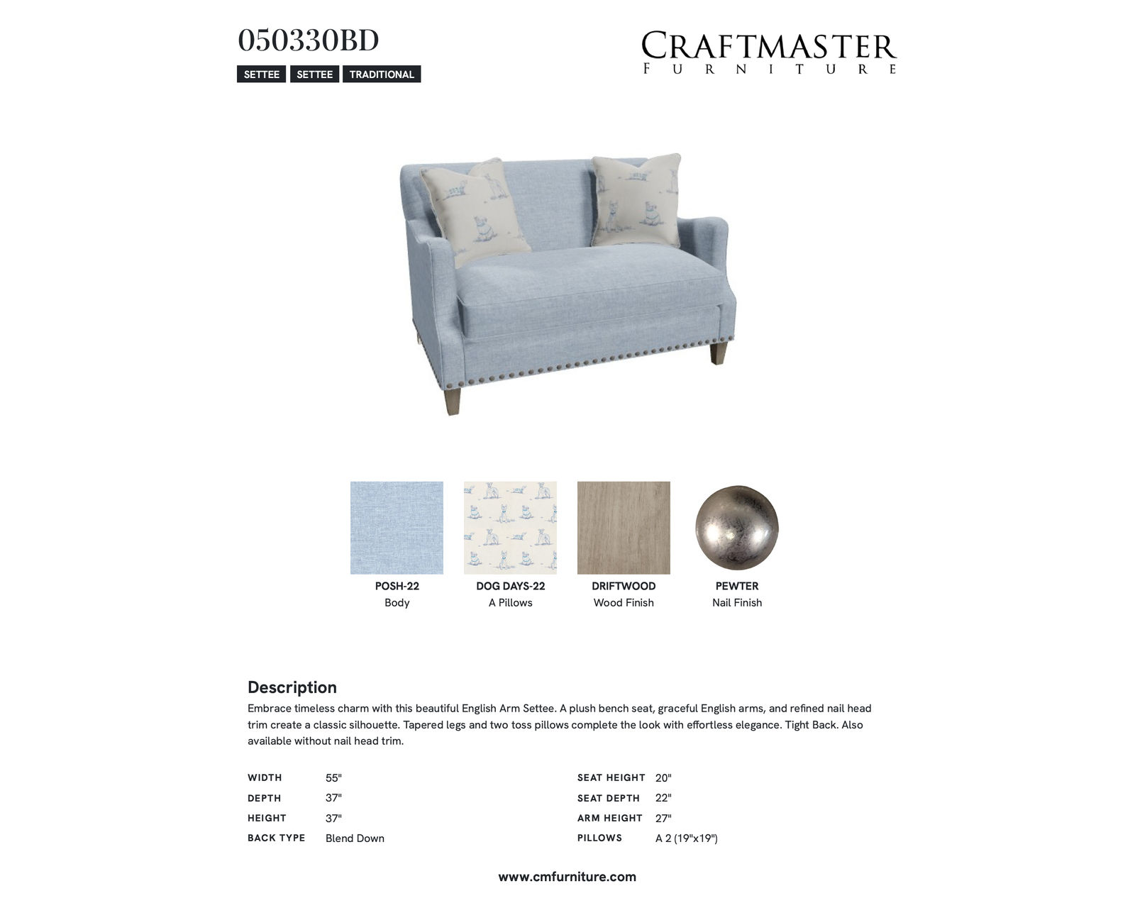Cotswold 05033 Setee (55") +100 performance fabrics - Specifications