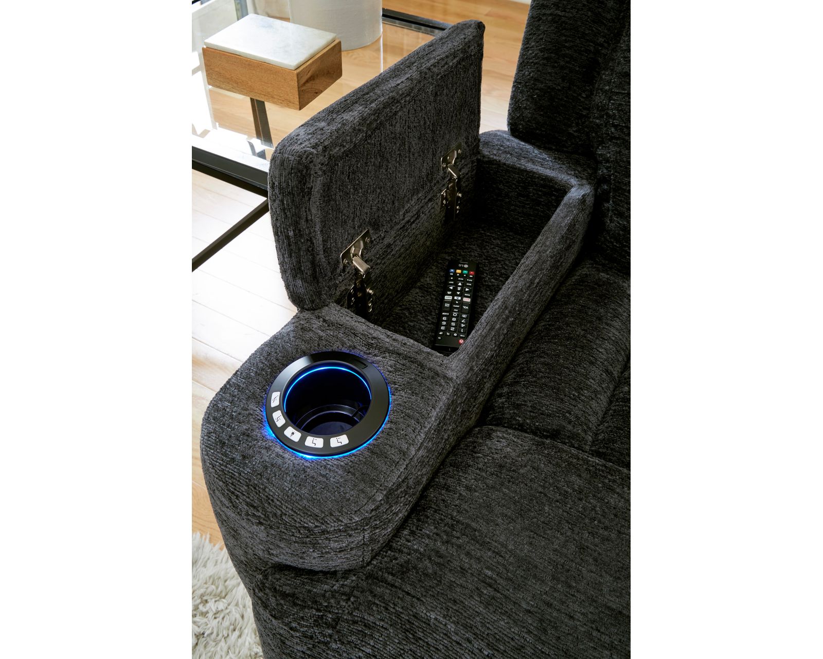 Dalton 89" Power Headrest Power Reclining Sofa with Reading Light and Drop Down Console Charcoal (In stock - Fast shipping) - All pieces Feature In Arm storage with soft close hinges