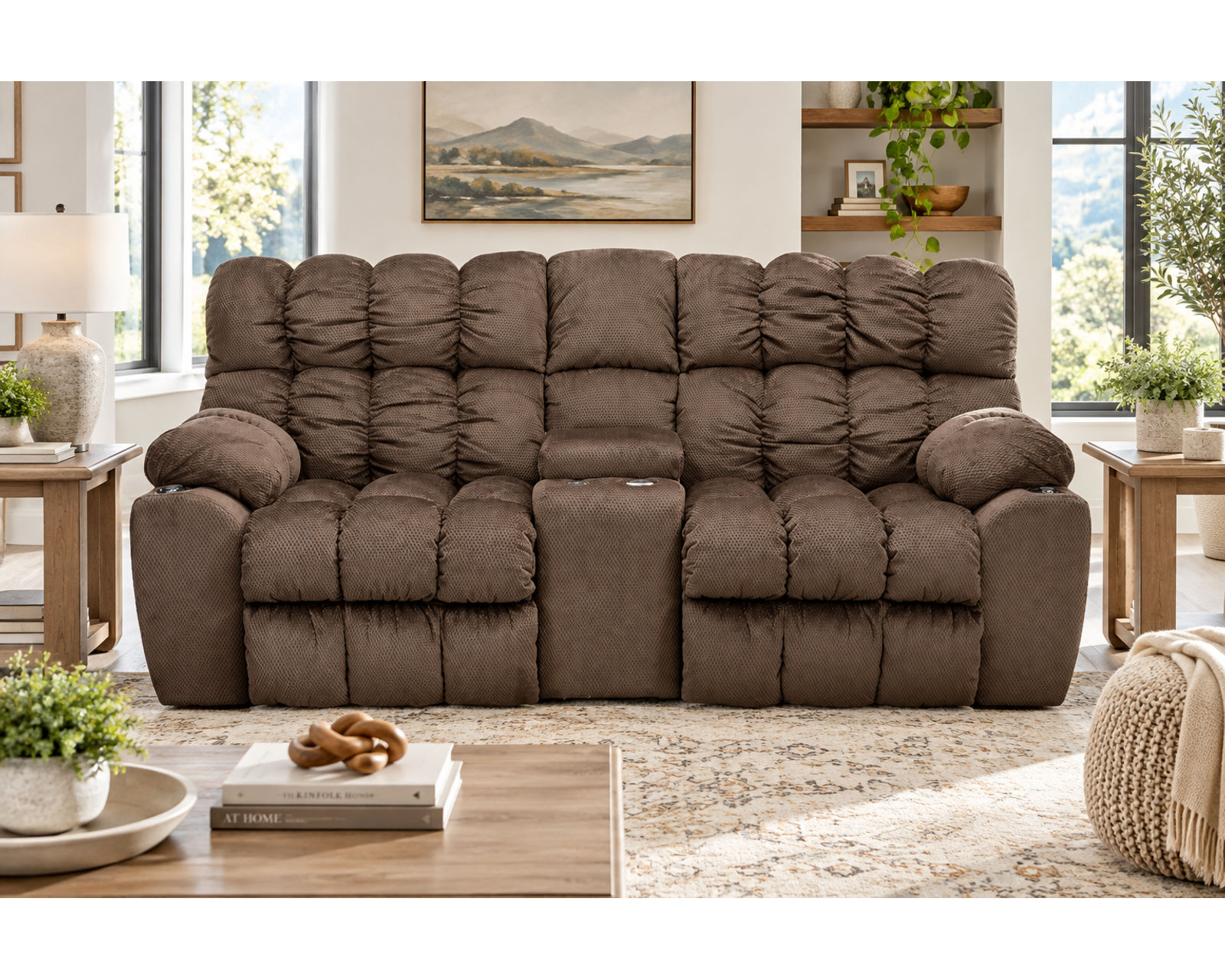 Brayden 88" Reclining Sofa with Drop-Down Table, Lights & Storage Drawer (Plush Comfort. Built-In Convenience. Made for Everyday Relaxation) - Shown in a Long Wearing Durable Polyester Fabric Color Umber