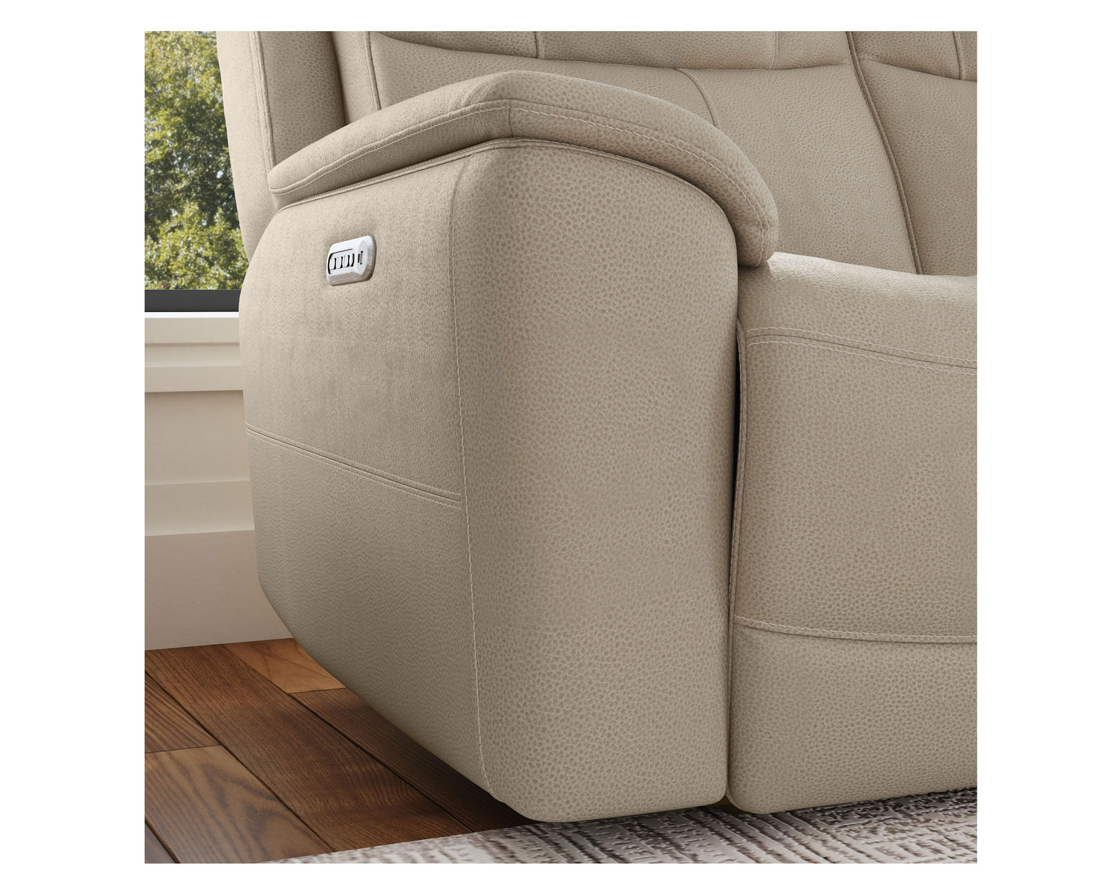 Crew Power Reclining Loveseat with Console, Power Headrests & Lumbar (Tan leather) in stock - Three independent buttons control power recline - power headrest and power lumbar with USB charging