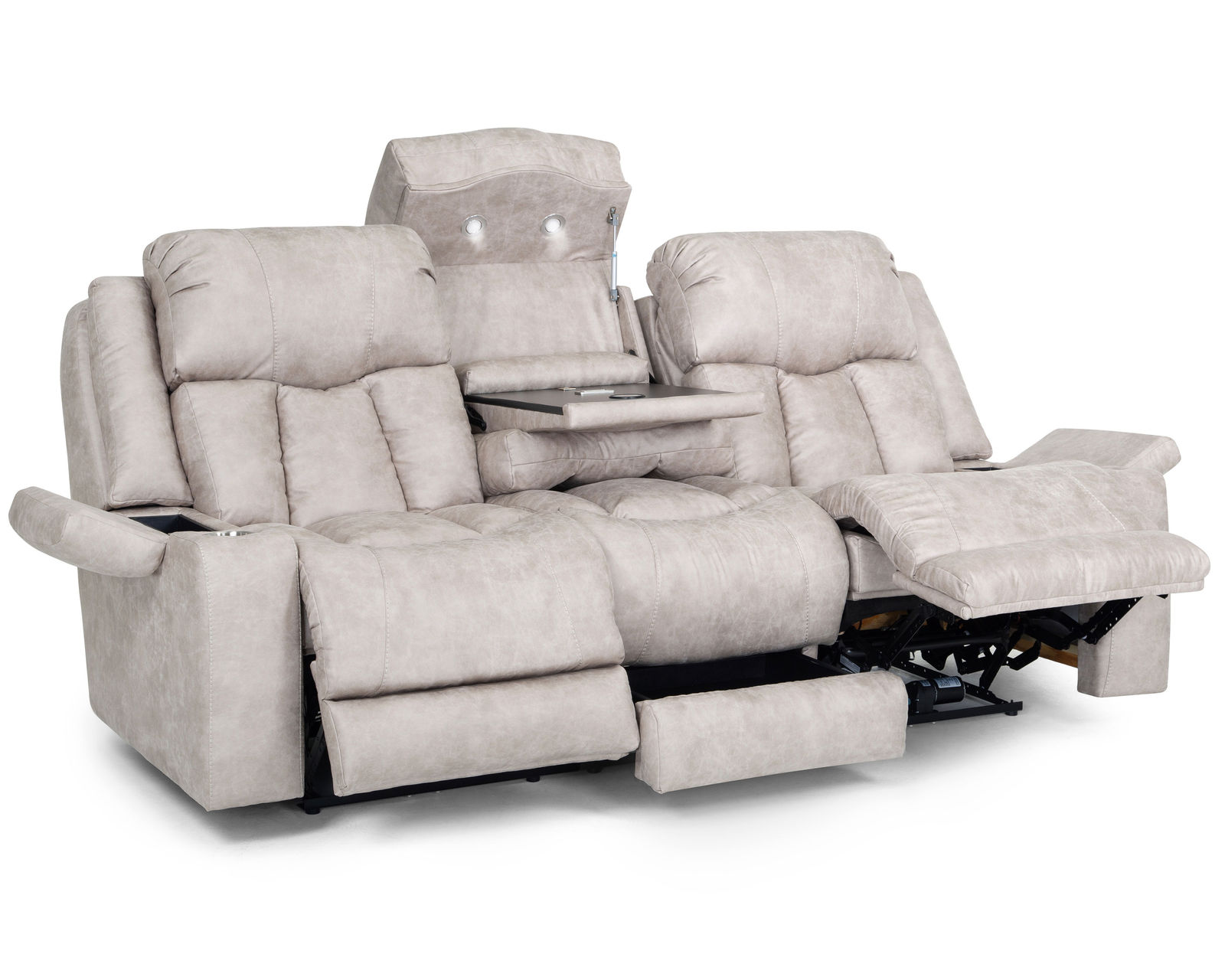Denali 90" Power Reclining Sofa with Fold Down Table, Lights, USB, Wireless Charging, Dual Arm Storage, Massage, Cupholders & Drawer (+3 colors) - Mist Leather like fabric)