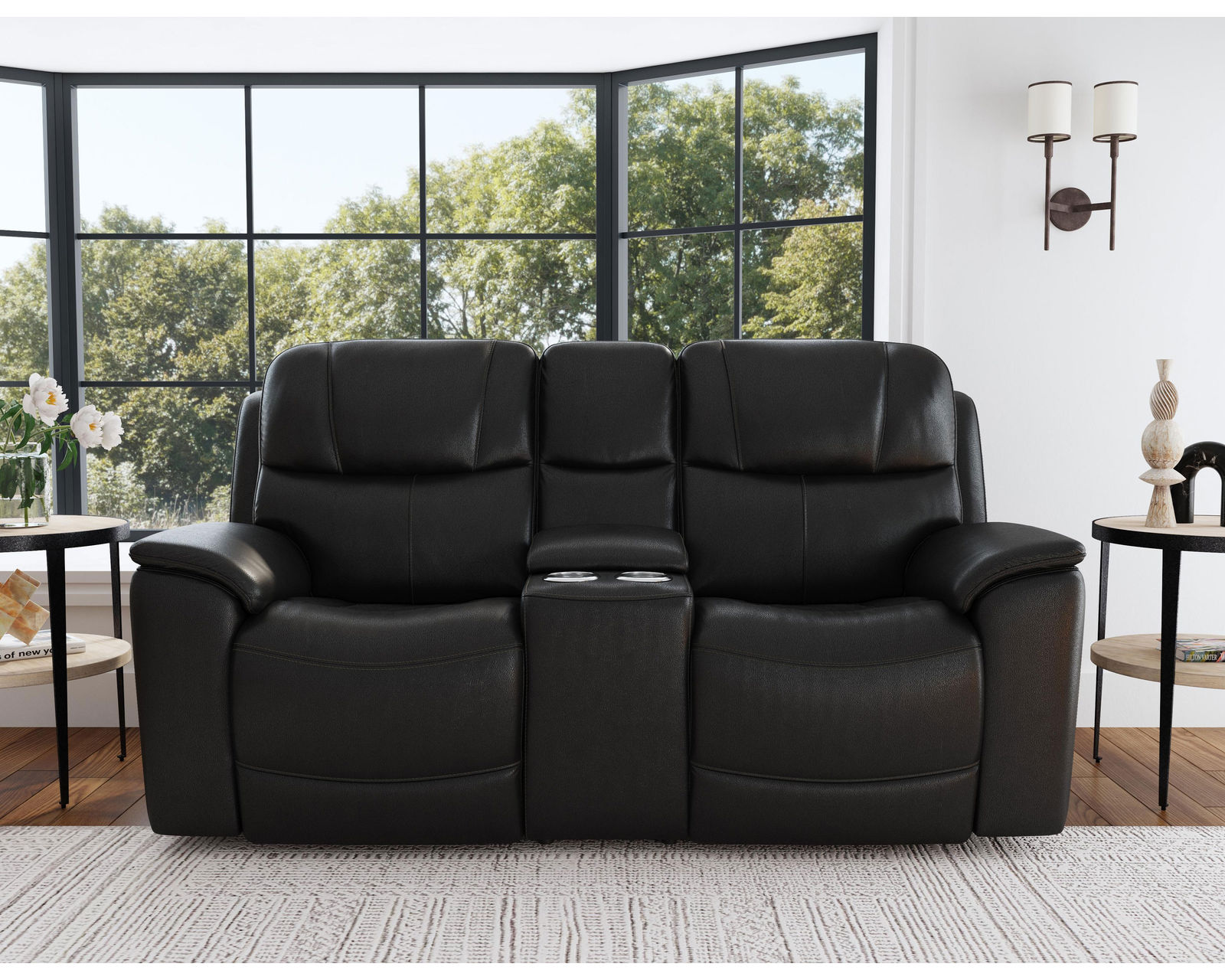 Crew Power Reclining Loveseat with Console, Power Headrests & Lumbar (Black leather) in stock - Crew Power Reclining Loveseat with Console, Power Headrests & Lumbar