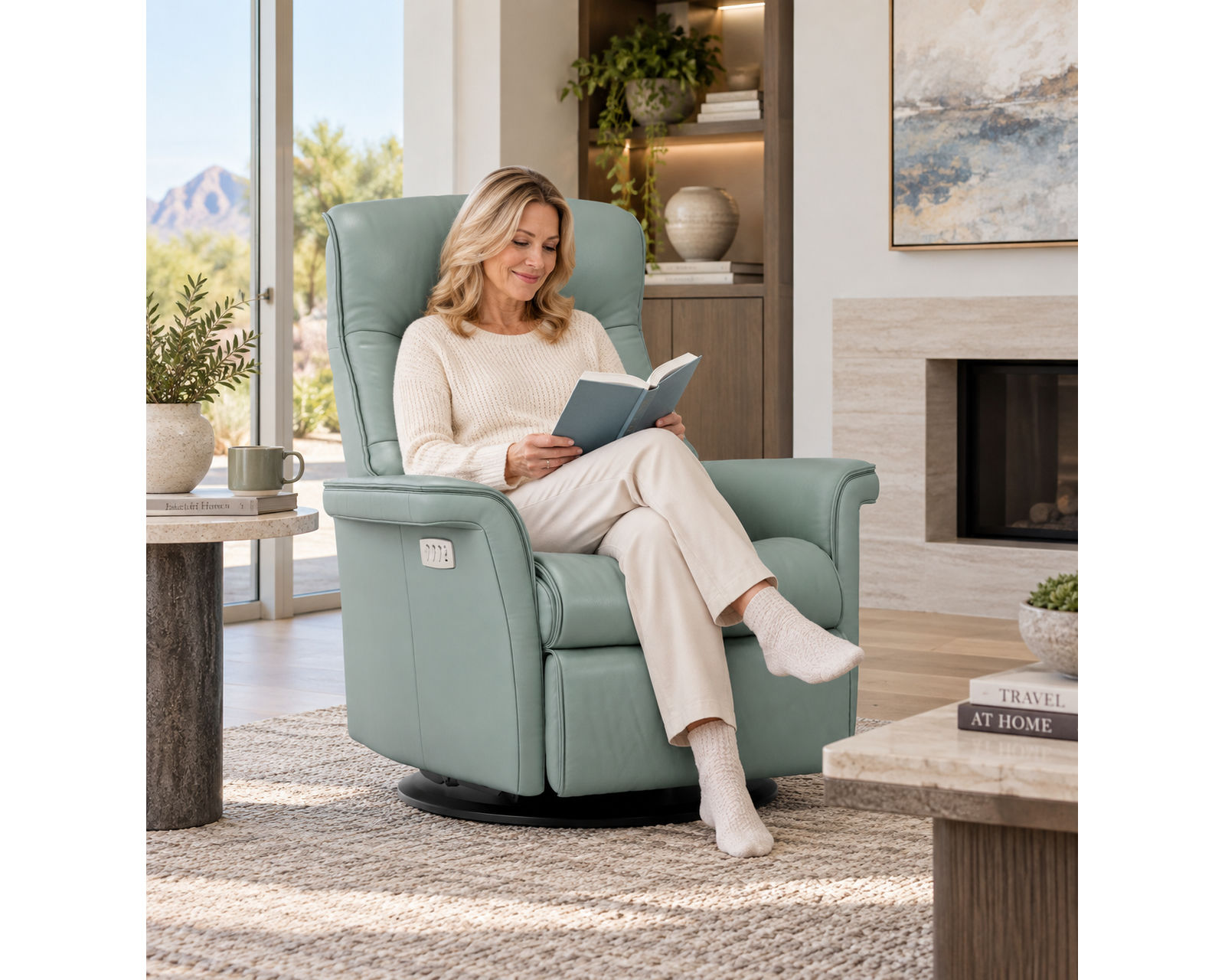 Chelsea Swivel Glider Relaxer Recliner Lagoon (Scandinavian Comfort That Moves With You) In stock - Shown in Top Grain Leather Color Trend Lagoon