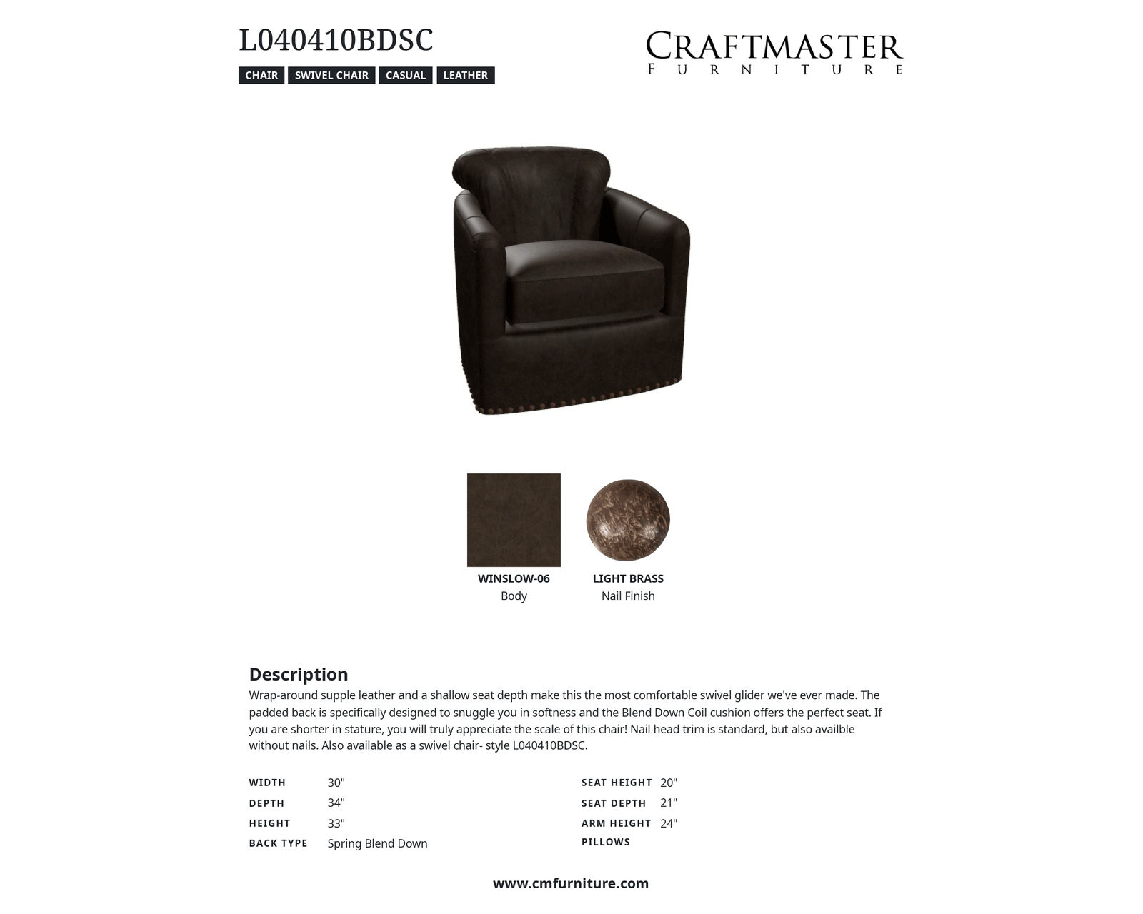 Troy L0404 Swivel Glider (+40 leathers) - +40 top-grain leathers and choice of nailhead trim