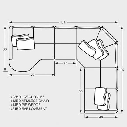 Layout G: Four Piece Sectional 55" x 131" x 105"
