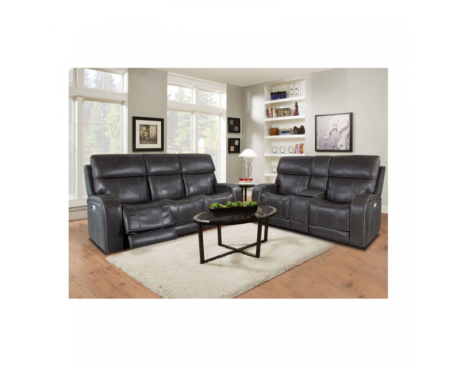 Glenwood 88" Leather Sofa w/Power Recline, Power Head Rests & Power Lumbar (Lay Flat) Steel - In stock