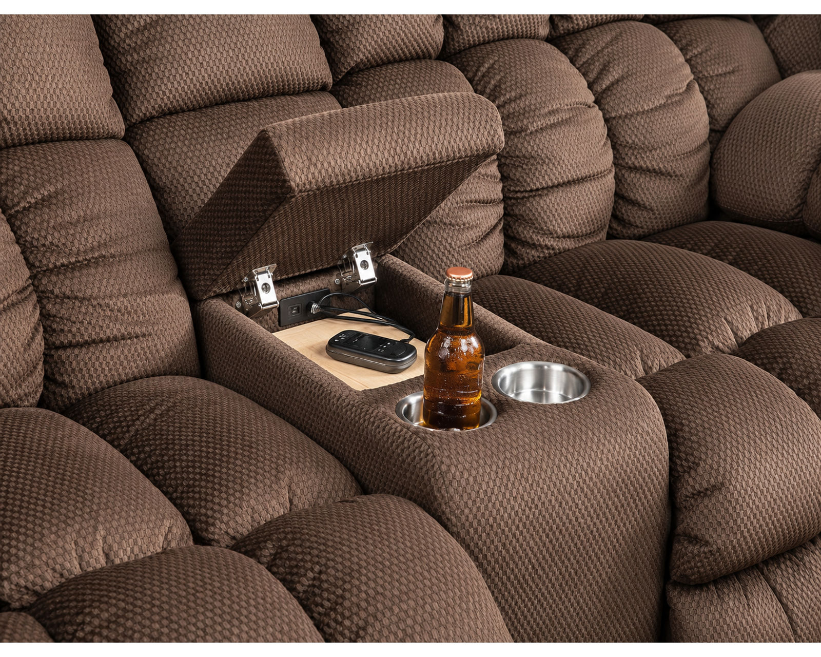 Brayden 440 Three-Piece Reclining Sectional with Dropdown Table - Lights and Much More - Brayden 81" Reclining Console Loveseat w/ Storage