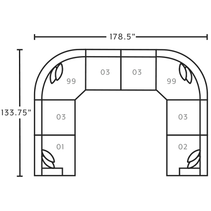 Layout E: Eight Piece Sectional 134" x 178" x 134"
