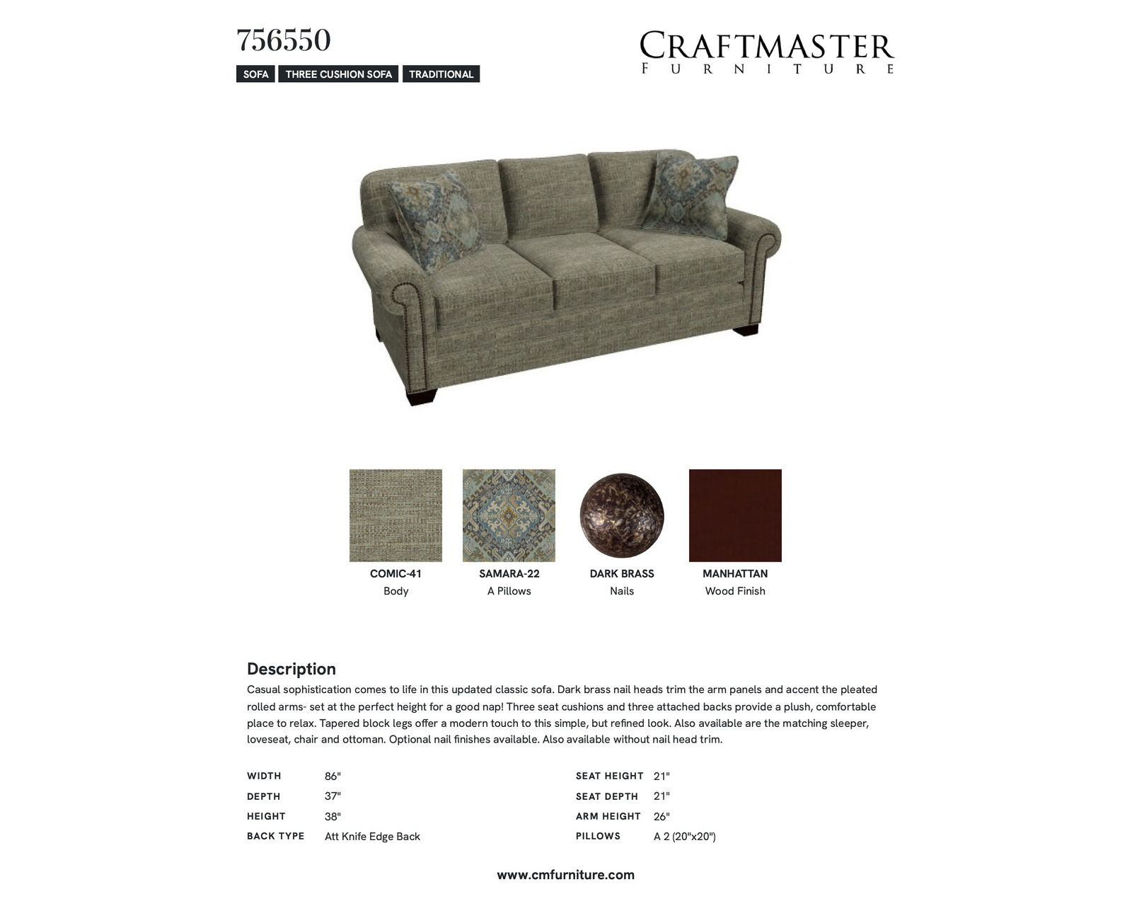 Woodwin 7565 Sofa (86") - IN STOCK COSMIC - Specifications