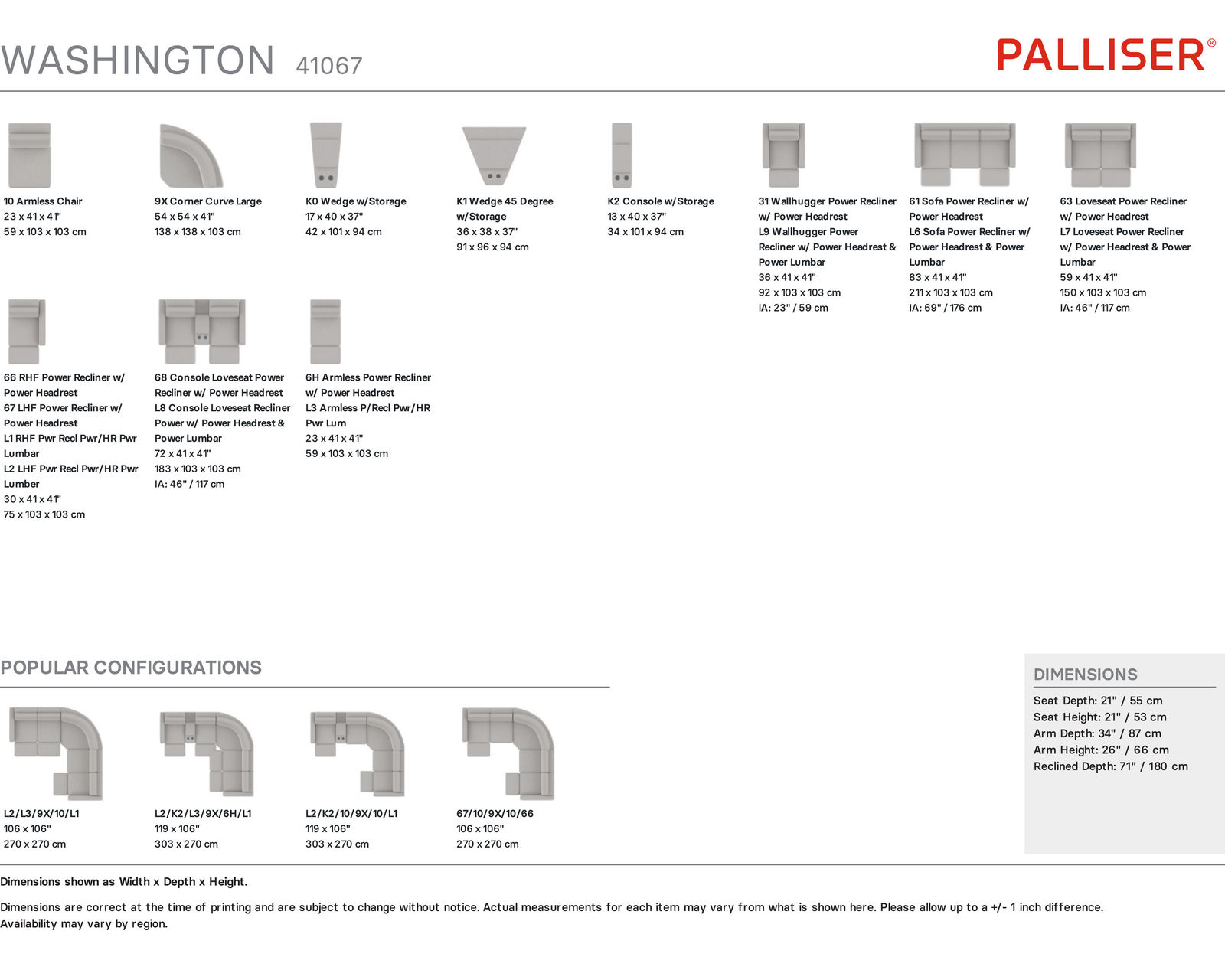 Washington 41067 Power Headrest Power Reclining Sectional (+50 fabrics) - Pieces available