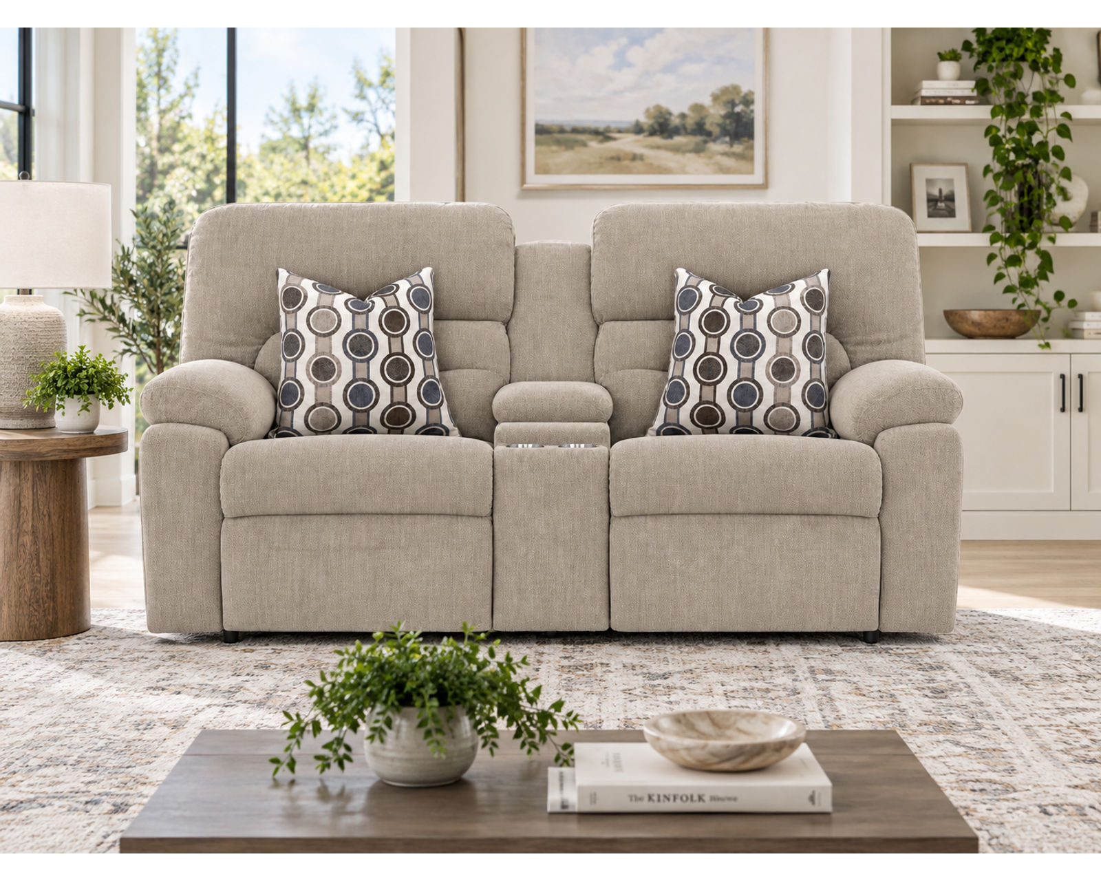Tribute 90" Power Headrest Power Reclining Sofa Stone (center drop-down table - built-in reading lights, stainless-steel cupholders, USB charging and wireless charging - drop down table) - Shown in a Long Wearing Durable Polyester Fabric Stone
