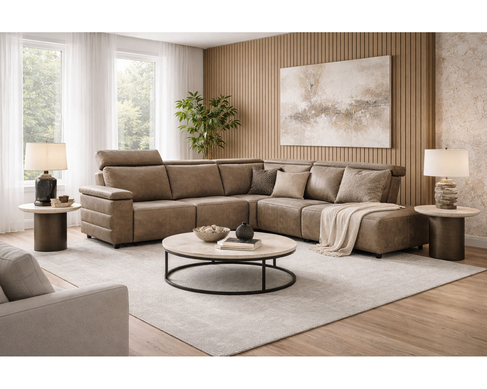 Nala 3003 Power Headrest Power Reclining Sectional (standard and wide width) +140 leathers - Layout L: Seven Piece Wide Bumper Reclining Sectional 134" x 134" (2 recliners)