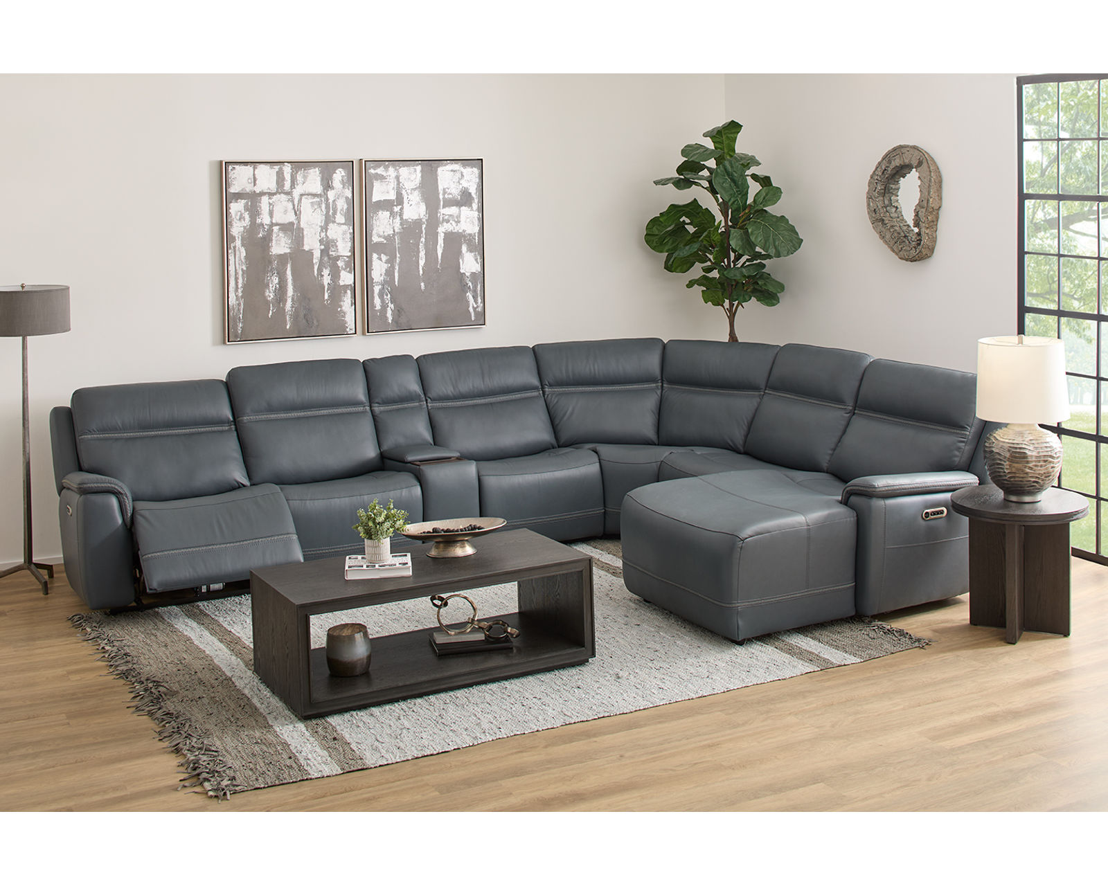 Sawyer Triple Power Reclining Sectional 009-01 (3 colors) In stock - Layout D: Seven Piece Reclining Sectional 125" x 142" (2 recliners)