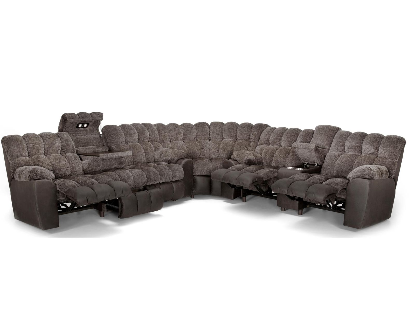 Westwood 341 Three-Piece Reclining Sectional (Big Comfort. Built-In Convenience. Made for the Whole Family) 4 recliners - Shown in a Durable Two Tone Leather Like Fabric Combination