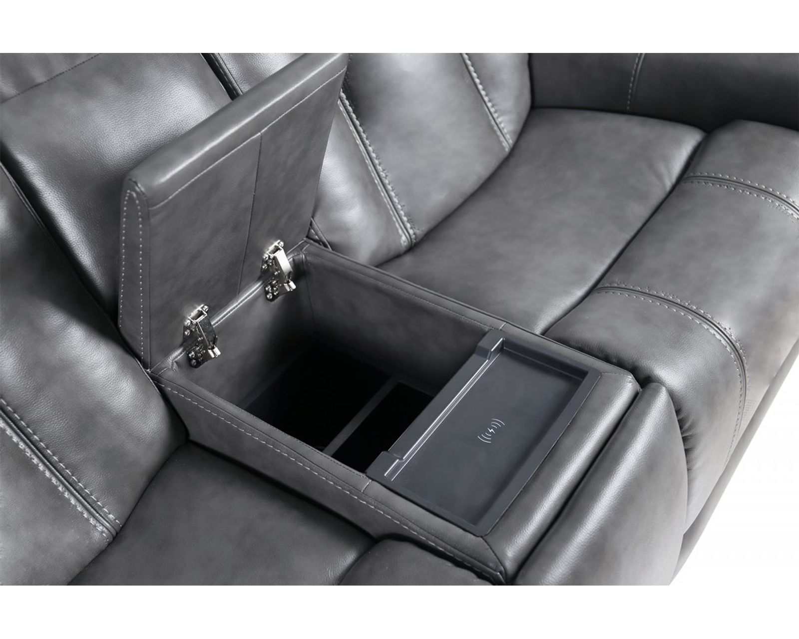  Sanibel 88" Sofa w/Power Recline, Power Head Rests & Power Lumbar (Lay Flat) Storm Leather (In stock) - Center console with wireless charging