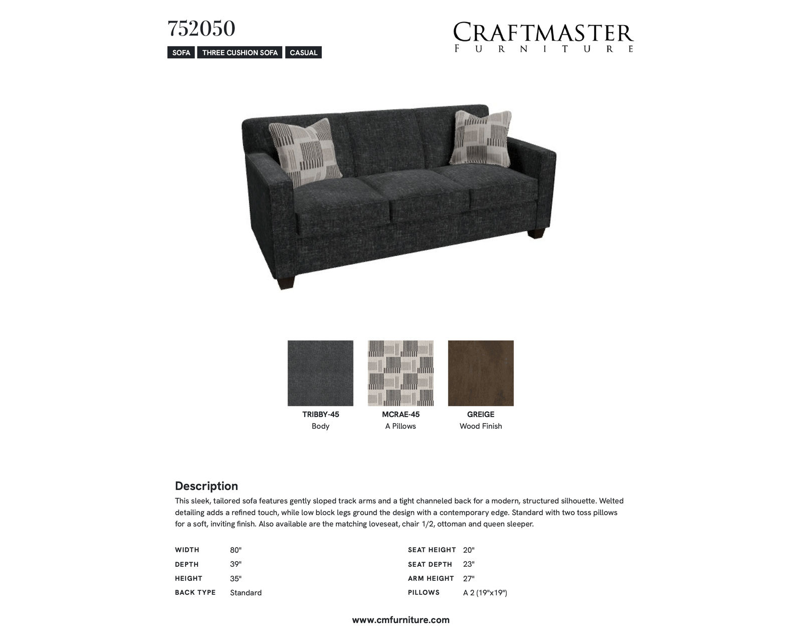 Tibby 7520 Sofa (80") +100 performance fabrics - Specifications