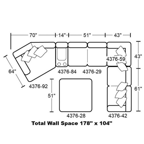 Layout J: Five Piece Sectional (Ottoman not included) 64" x 178" x 104"