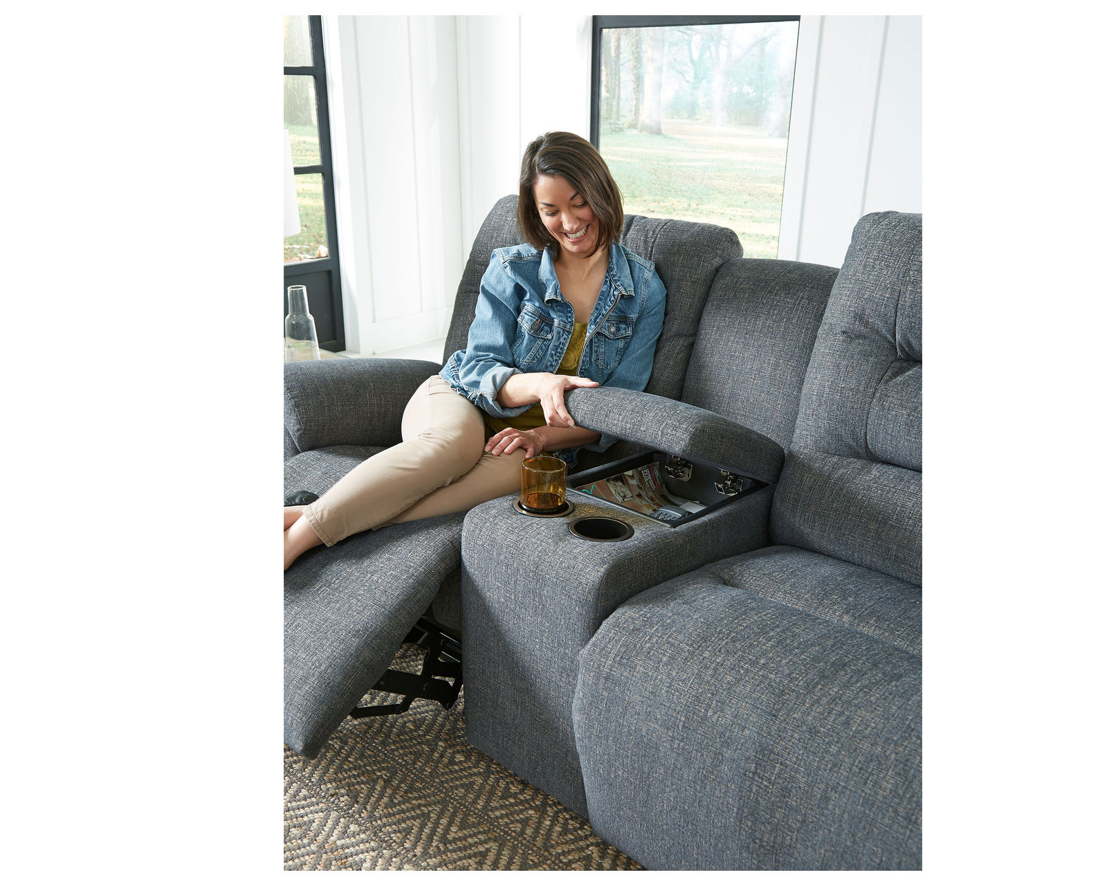 Unity Double Reclining Console Loveseat (+100 fabrics) - Center console features storage and cupholders