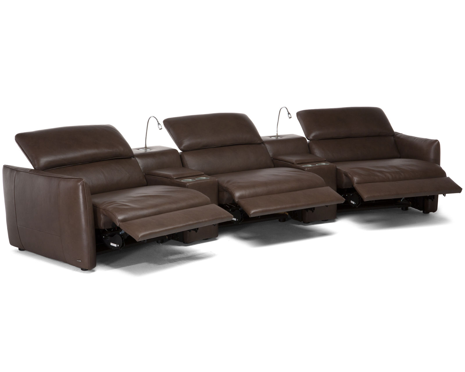 Meraviglia B995 Leather Home Theater Sectional (+25 leathers) - Layout D: Five Piece Sectional (3 Recliners) 124" Wide
