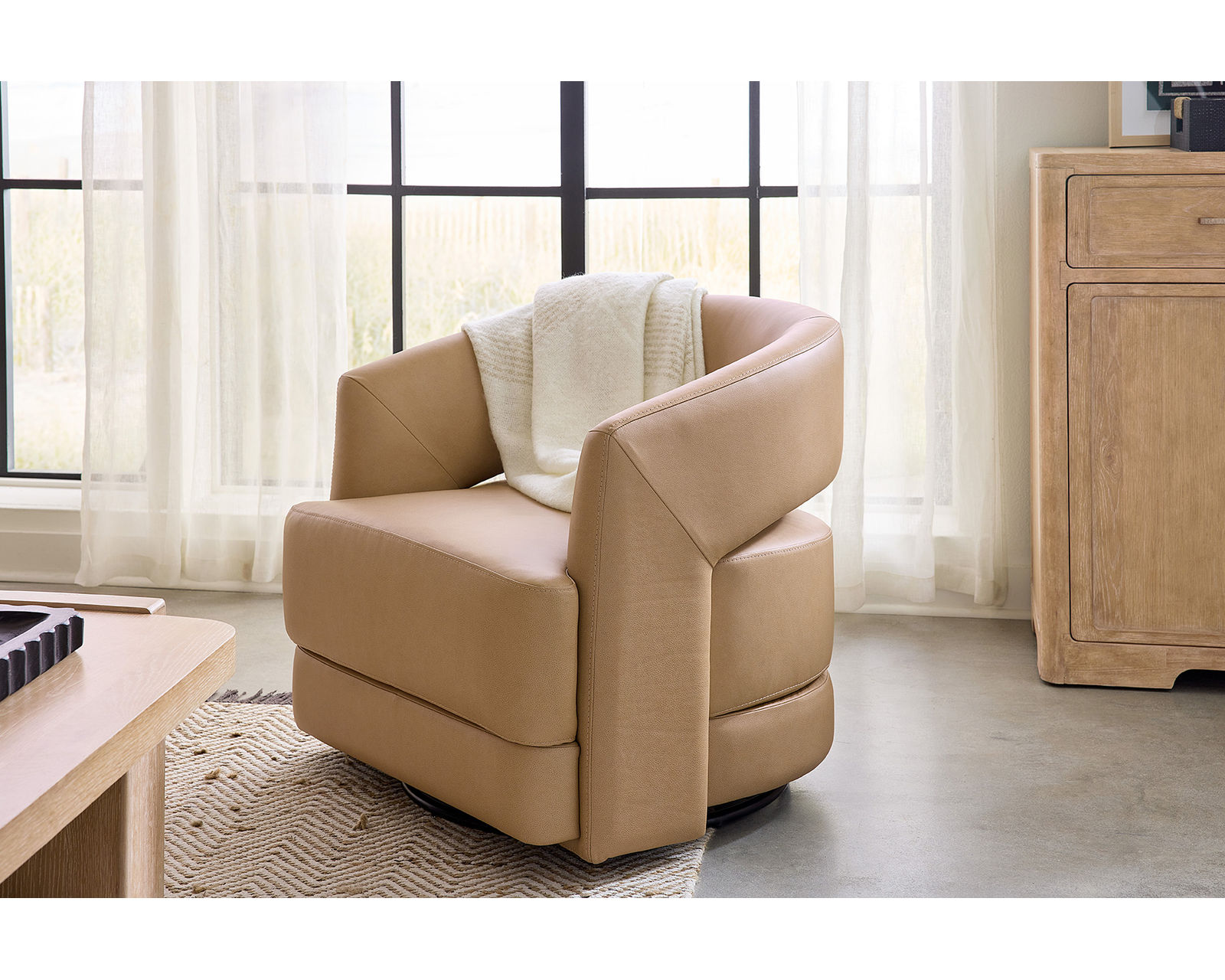 Keys Leather Tan Sofa 97" (In stock) - Keys Swivel Chair