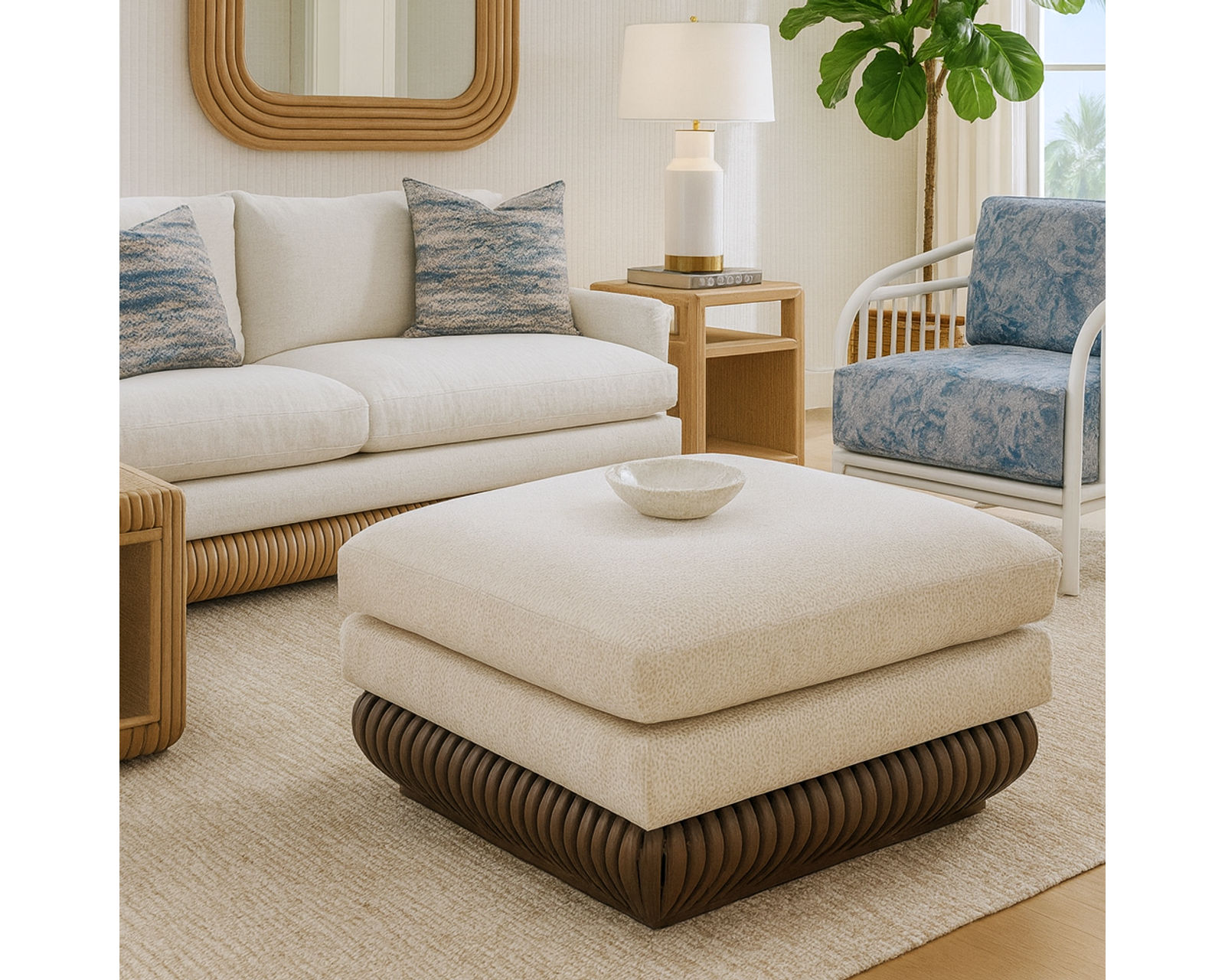 Tulum 66" Armless Loveseat (+28 finishes +69 fabrics) - Tulum 34" Square Rattan Ottoman