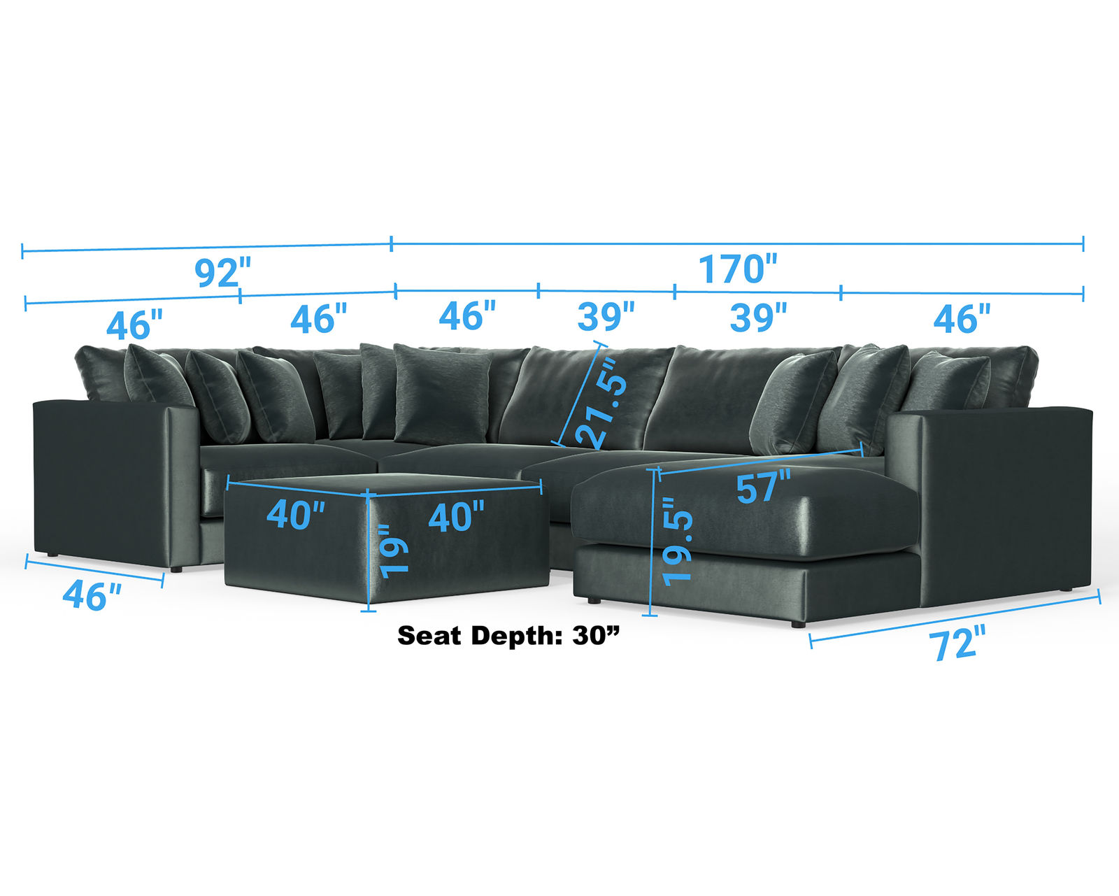 Remington 2245 Stationary Sectional (Includes Pillows) extra wide - Measurements