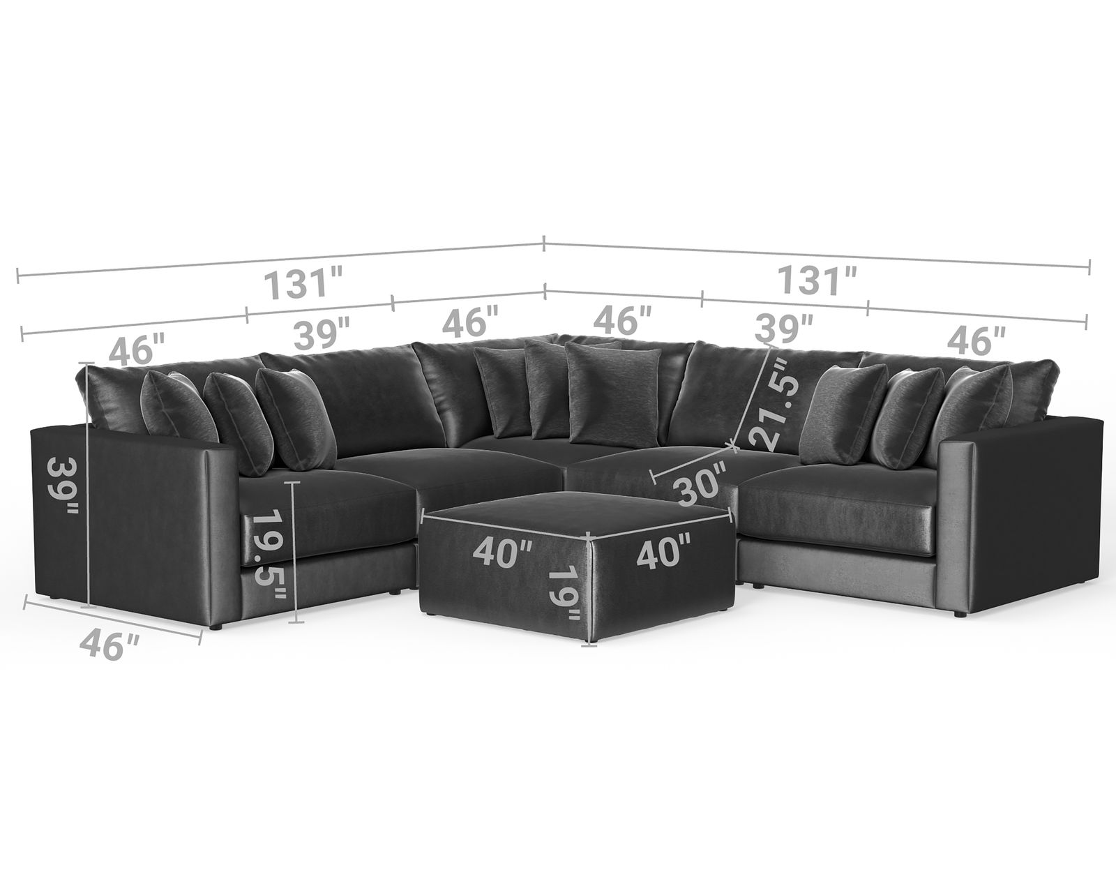 Remington 2245 Stationary Sectional (Includes Pillows) extra wide - Measurements