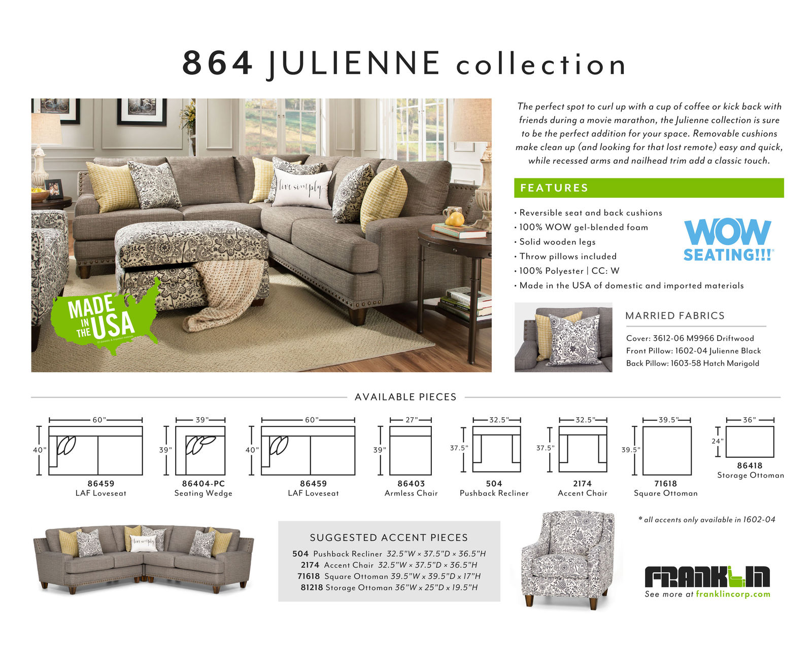 Julienne 864 Stationary Sectional (Includes Pillows) - Julienne Collection
