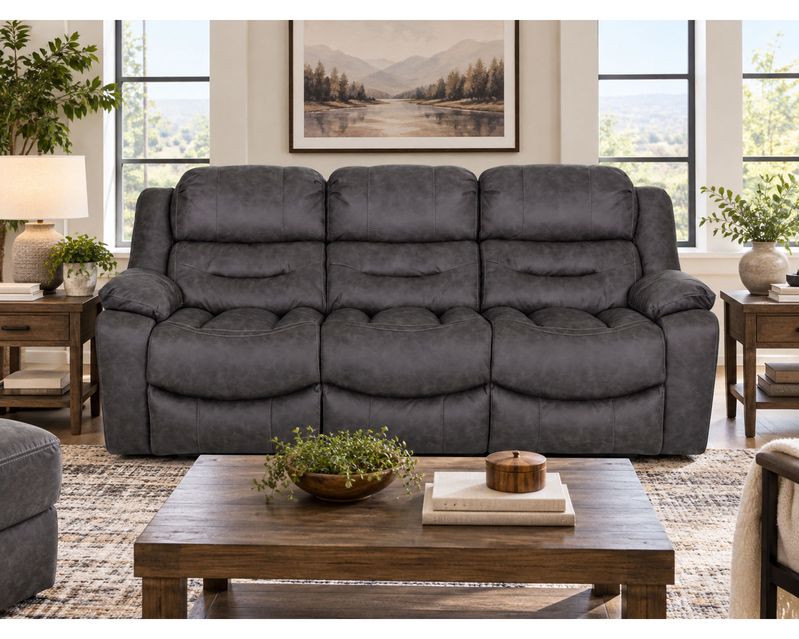 Decker 91.5" Reclining Sofa Slate (Best-Selling Comfort. Built for Real Life.) - Shown in A Durable Leather Like Fabric Color Slate