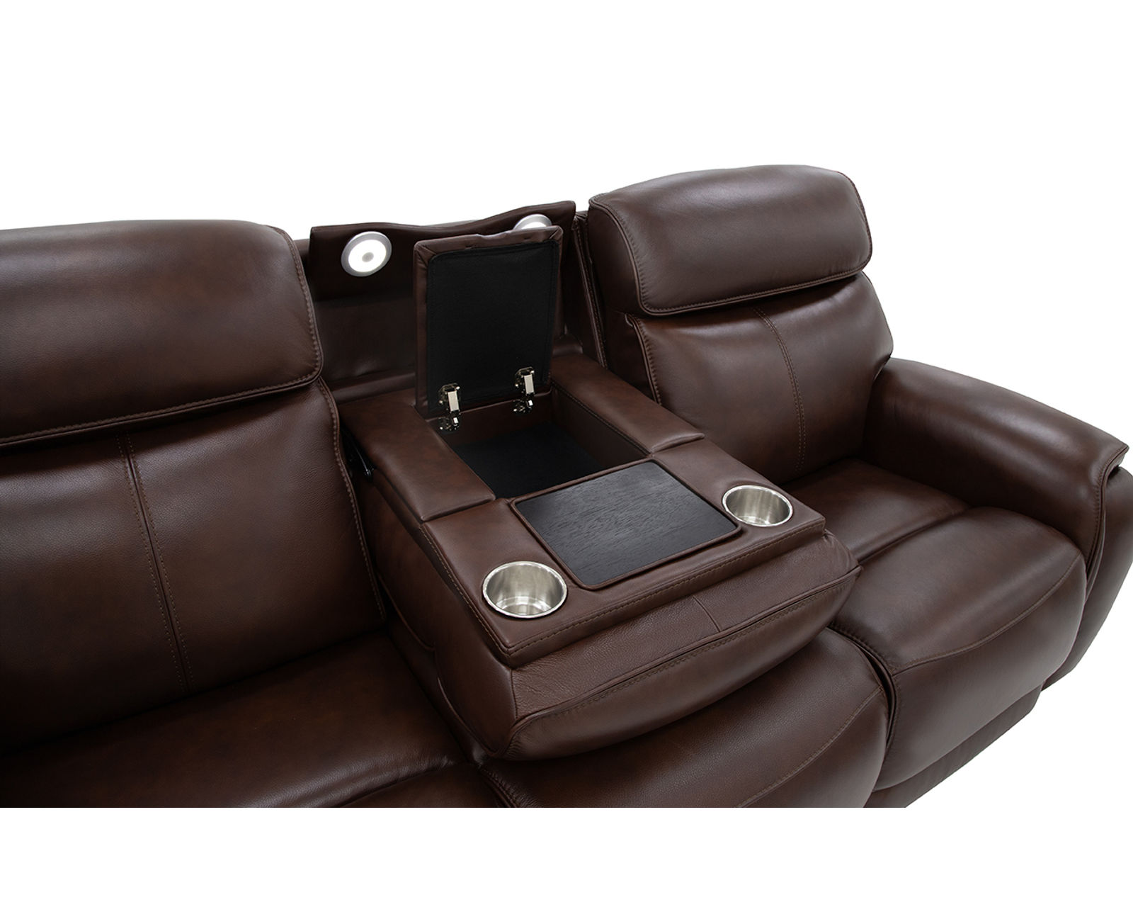 Walker 1580-70 Triple Power Leather 78" Reclining Console Loveseat (2 colors) - Center Dropdown Table Features Metal Cupholders Storage and Lights