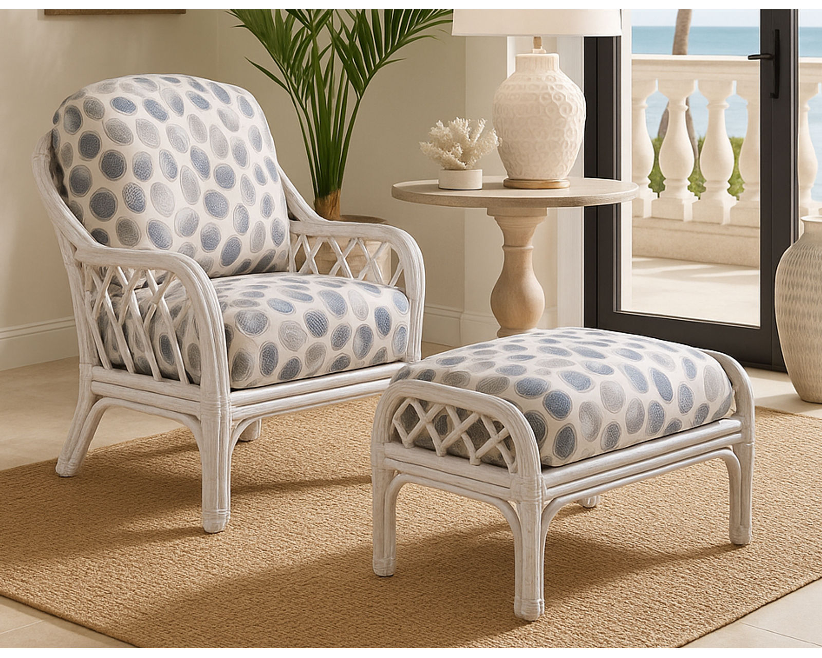 Edgewater 79" Rattan Sofa (+29 finishes +69 fabrics) - Edgewater Rattan Chair and Ottoman