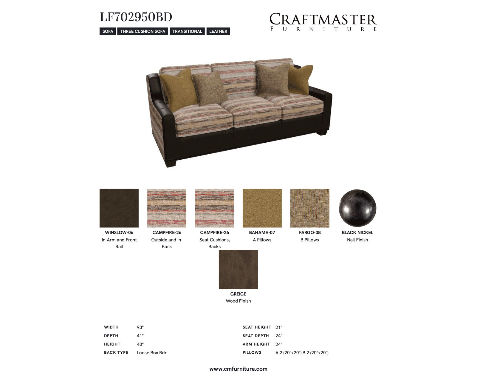 Lincoln LF7029 Leather and Fabric Sofa (93") - Specifications