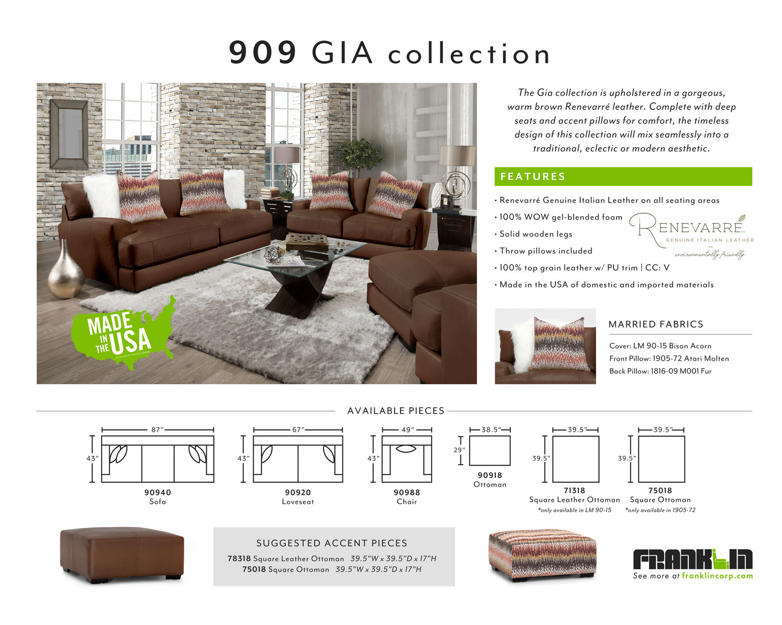 Gia 909 Leather Stationary Sofa (87") Includes Pillows