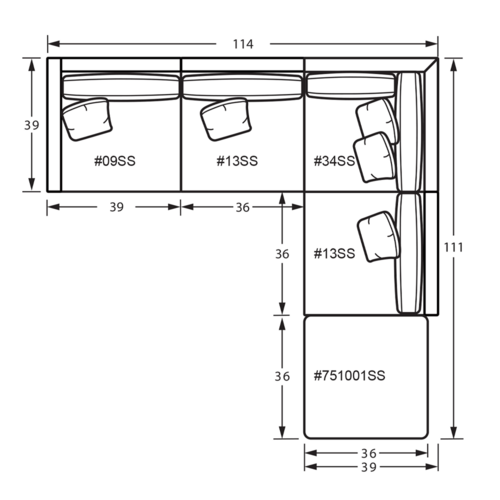 Layout E: Five Piece Sectional 114" x 111"