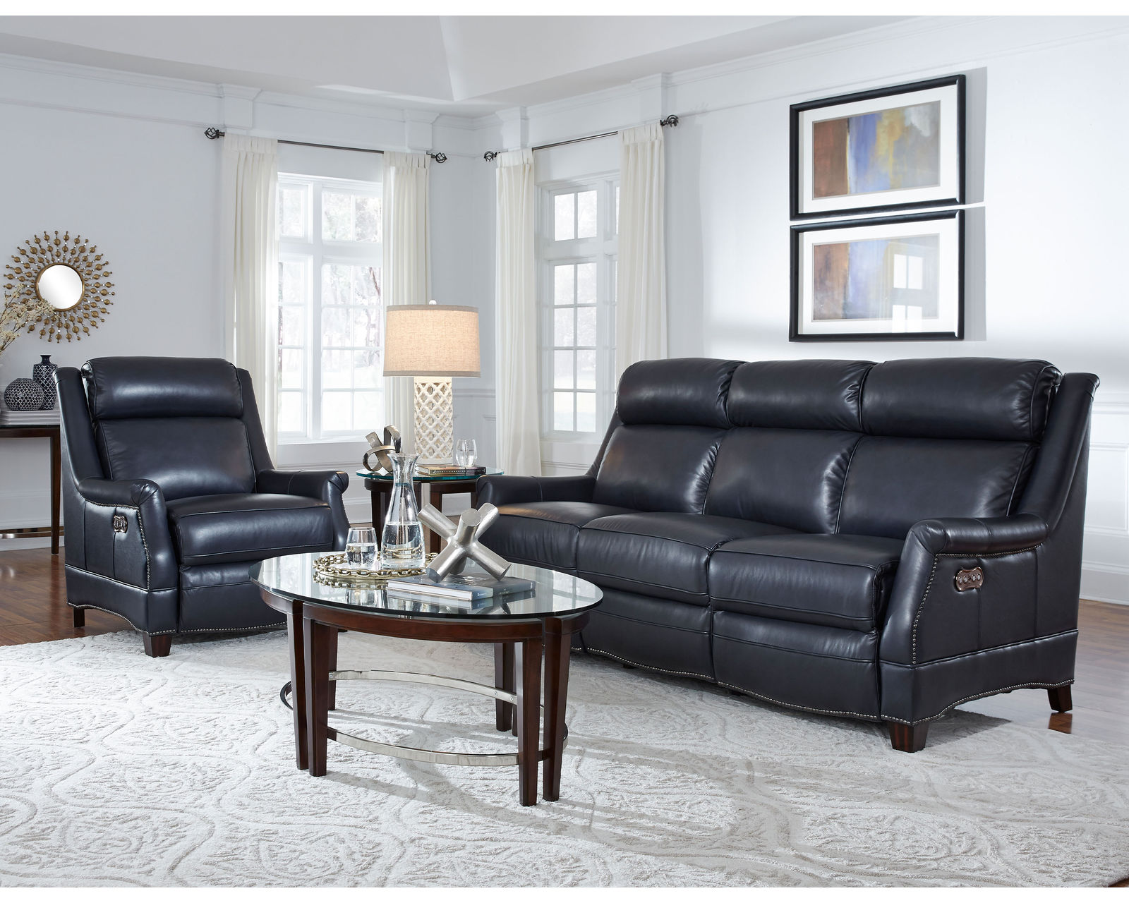 Warrendale 83" Leather Power Headrest Power Reclining Sofa (Blue) In stock - Includes Power Headrest - Power Recline