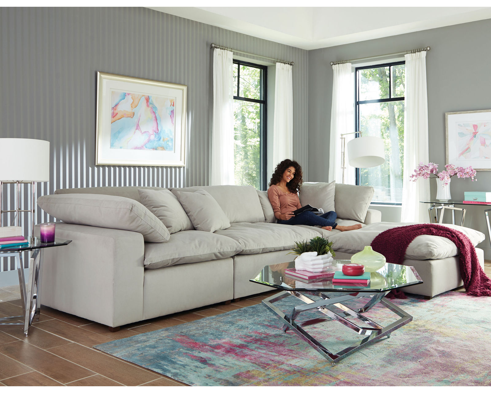 Posh Modular Sectional ( high performance fabric) includes pillows - 2 colors - Sectional Layout:  C -  Dove Fabric