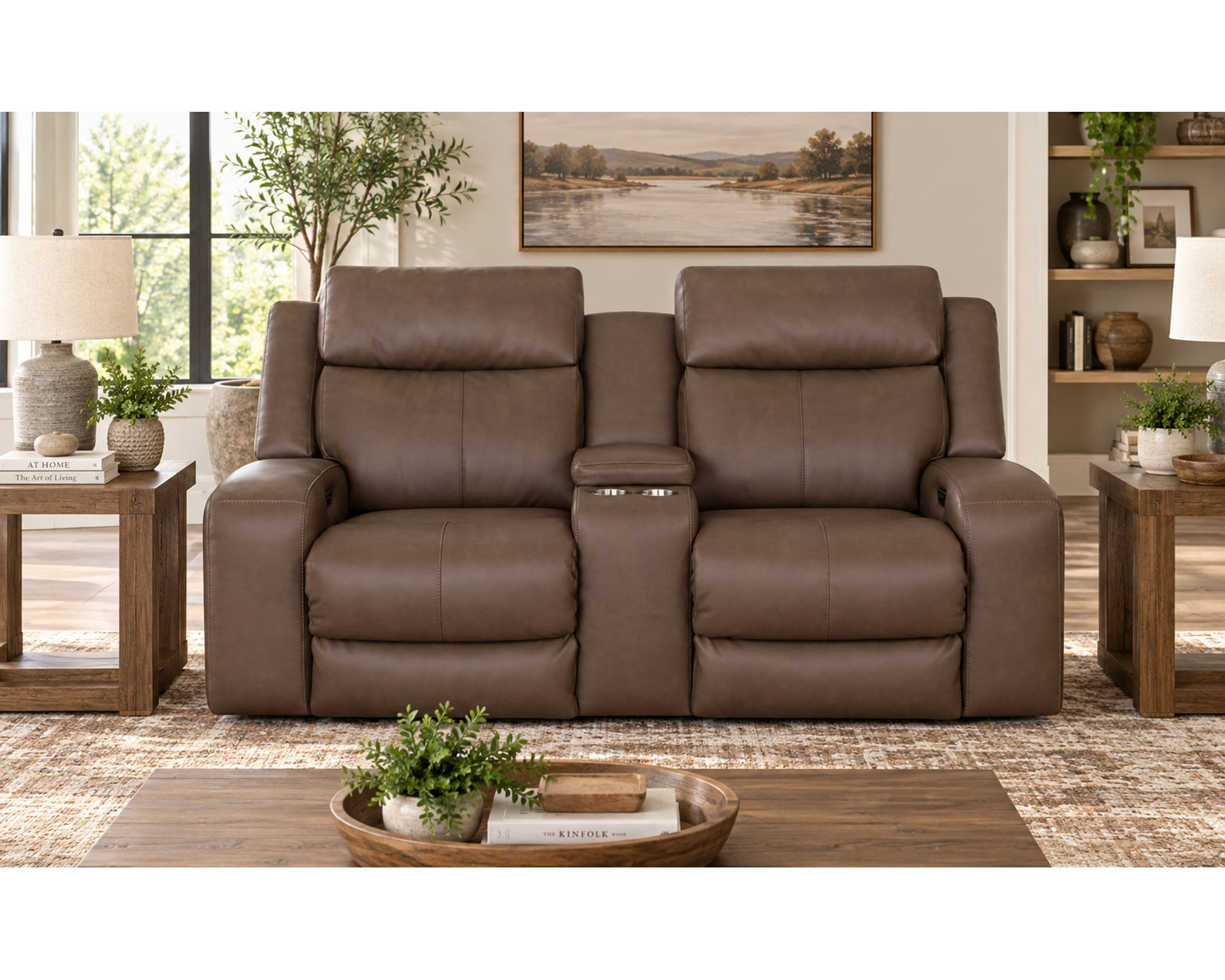 Winston 92" Reclining Sofa with Drop-Down Table & Cupholders Taupe (Sophisticated Style. Serious Comfort. Neori Air Massage Option) - Shown in Durable Leather Like Fabric Color Taupe