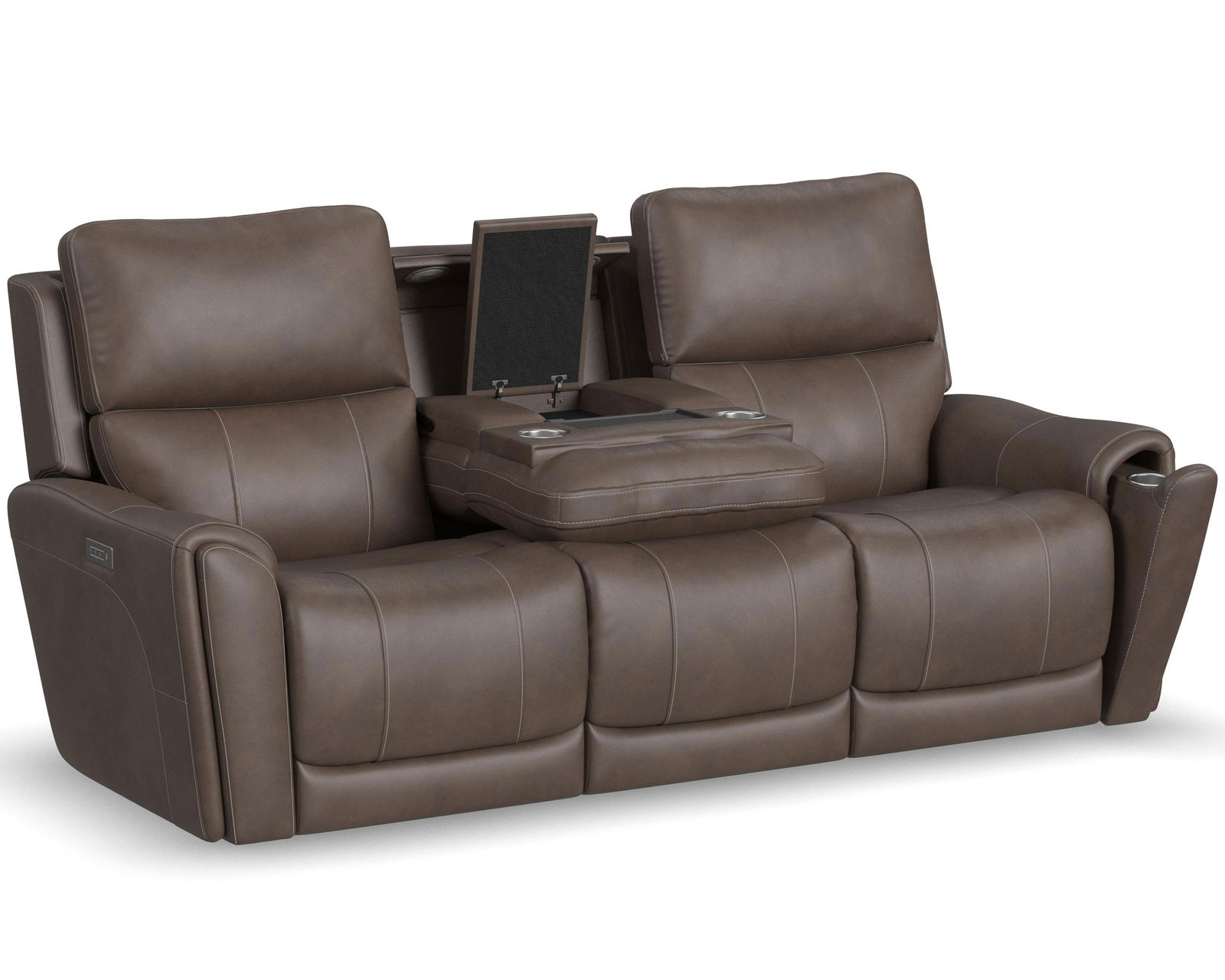 Carter 1587 Triple Power Reclining Console Loveseat (+2 colors) In stock - Zero Gravity - Features a center drop-down table with cupholders, lighting, and wireless charging.