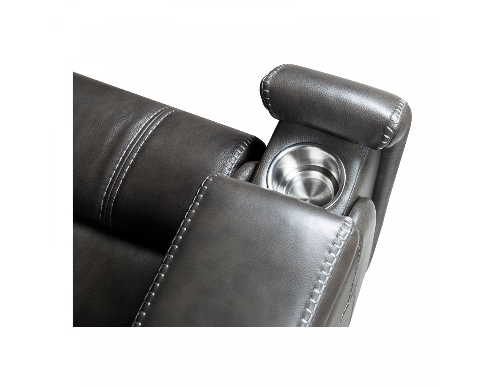 Glenwood 88" Leather Sofa w/Power Recline, Power Head Rests & Power Lumbar (Lay Flat) Steel - In stock - Metal Cupholders built into the Arms