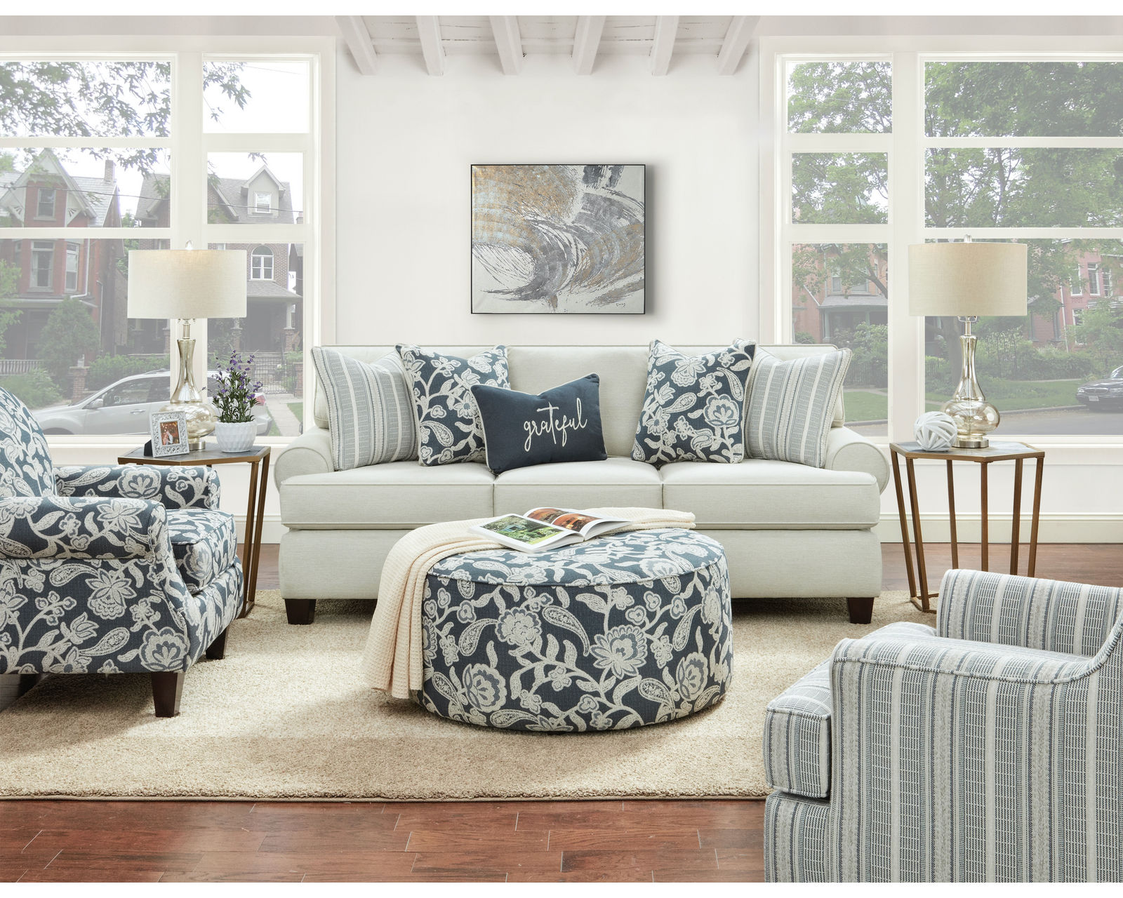 Awesome Oatmeal 88" Sofa (performance fabric) includes pillows - Sophie Indigo 39" Round Cocktail Ottoman - 140
