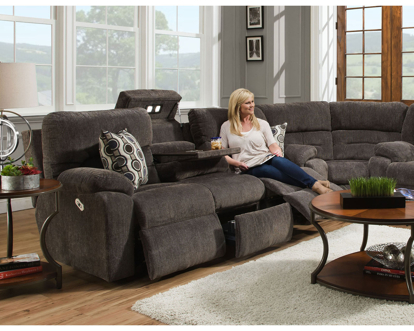 Tribute 797 Three-Piece Dual Power Reclining Sectional (center drop-down table - built-in reading lights, stainless-steel cupholders, USB charging and wireless charging - drop down table) - Features drop down table, drawer storage and lights.