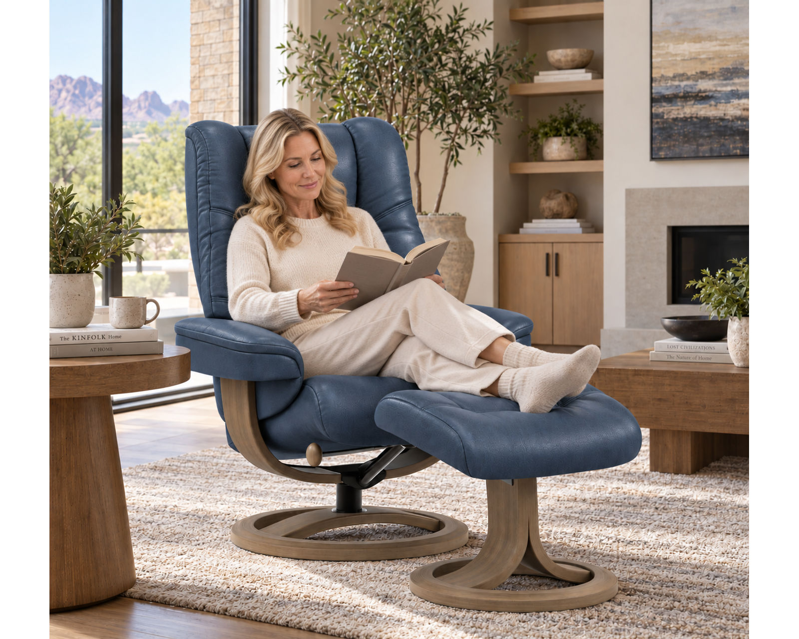 Nordic 63 Reclining Chair & Footstool Ash (IN STOCK) Plush Scandinavian Comfort. Made to Fit You - Shown in Top Grain Leather Color Trend Pacific
